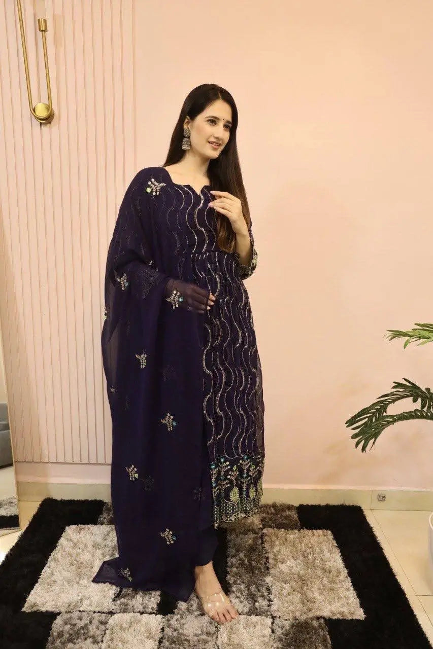 Beautiful Georgette Sequin Wave Anarkali Gown Set
