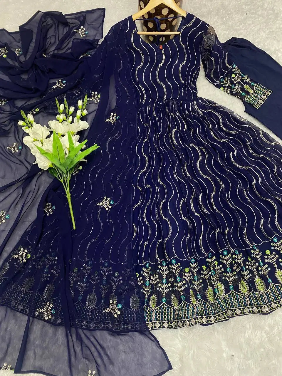 Beautiful Georgette Sequin Wave Anarkali Gown Set