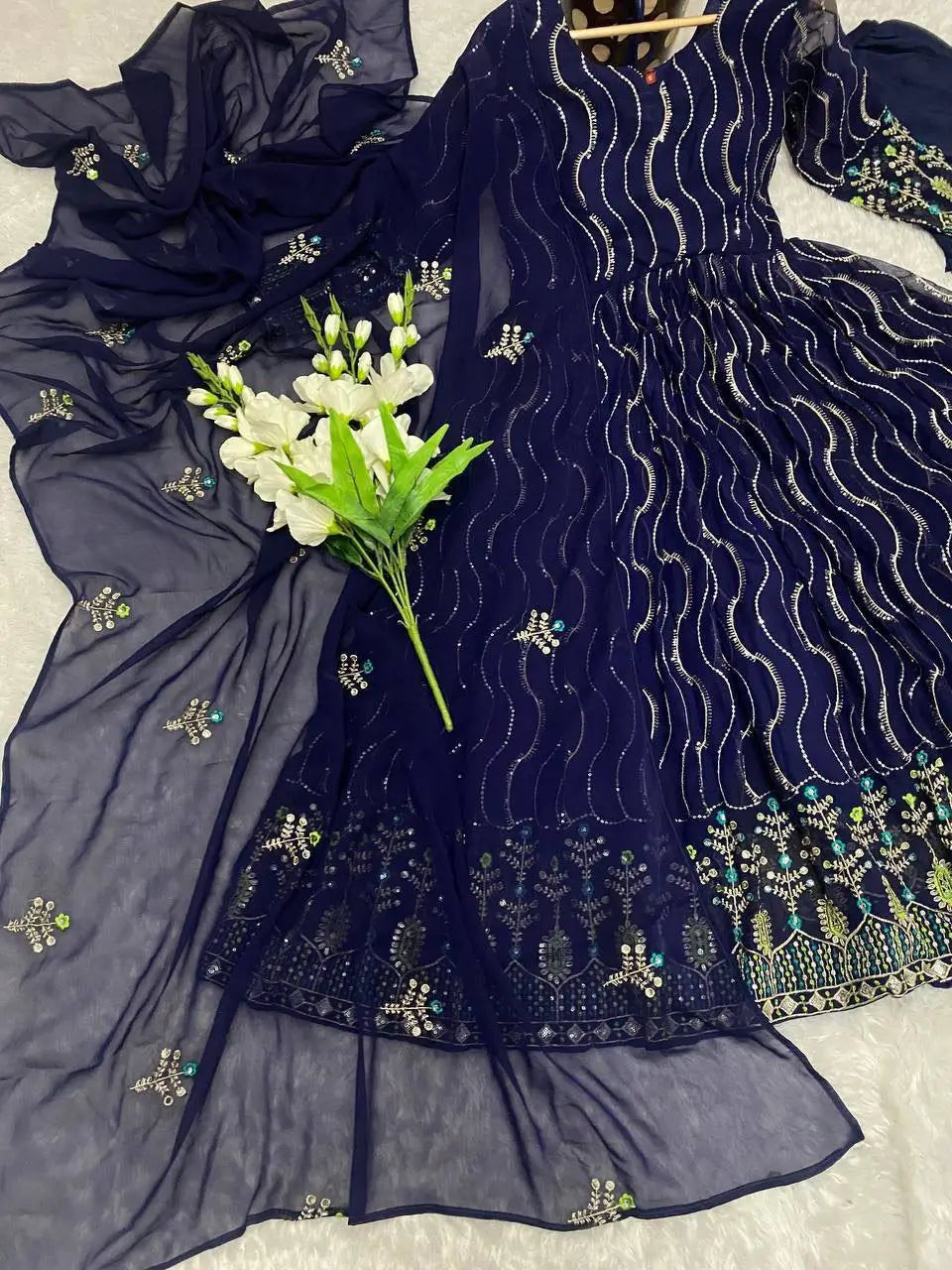 Beautiful Georgette Sequin Wave Anarkali Gown Set