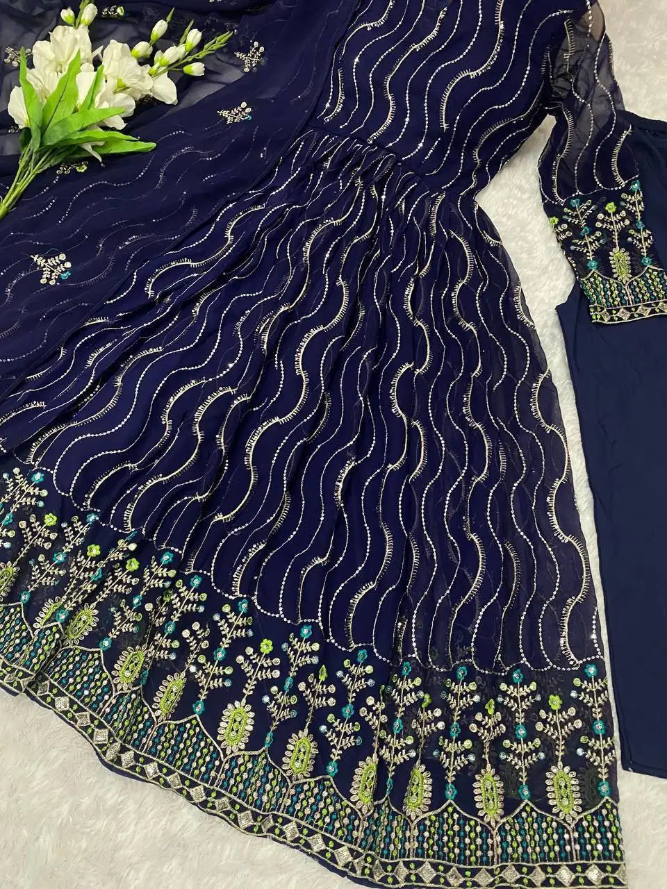 Beautiful Georgette Sequin Wave Anarkali Gown Set