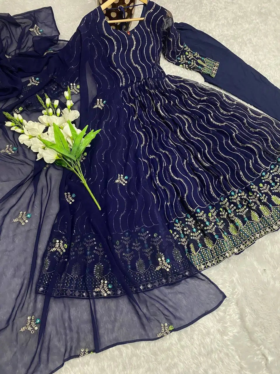 Beautiful Georgette Sequin Wave Anarkali Gown Set