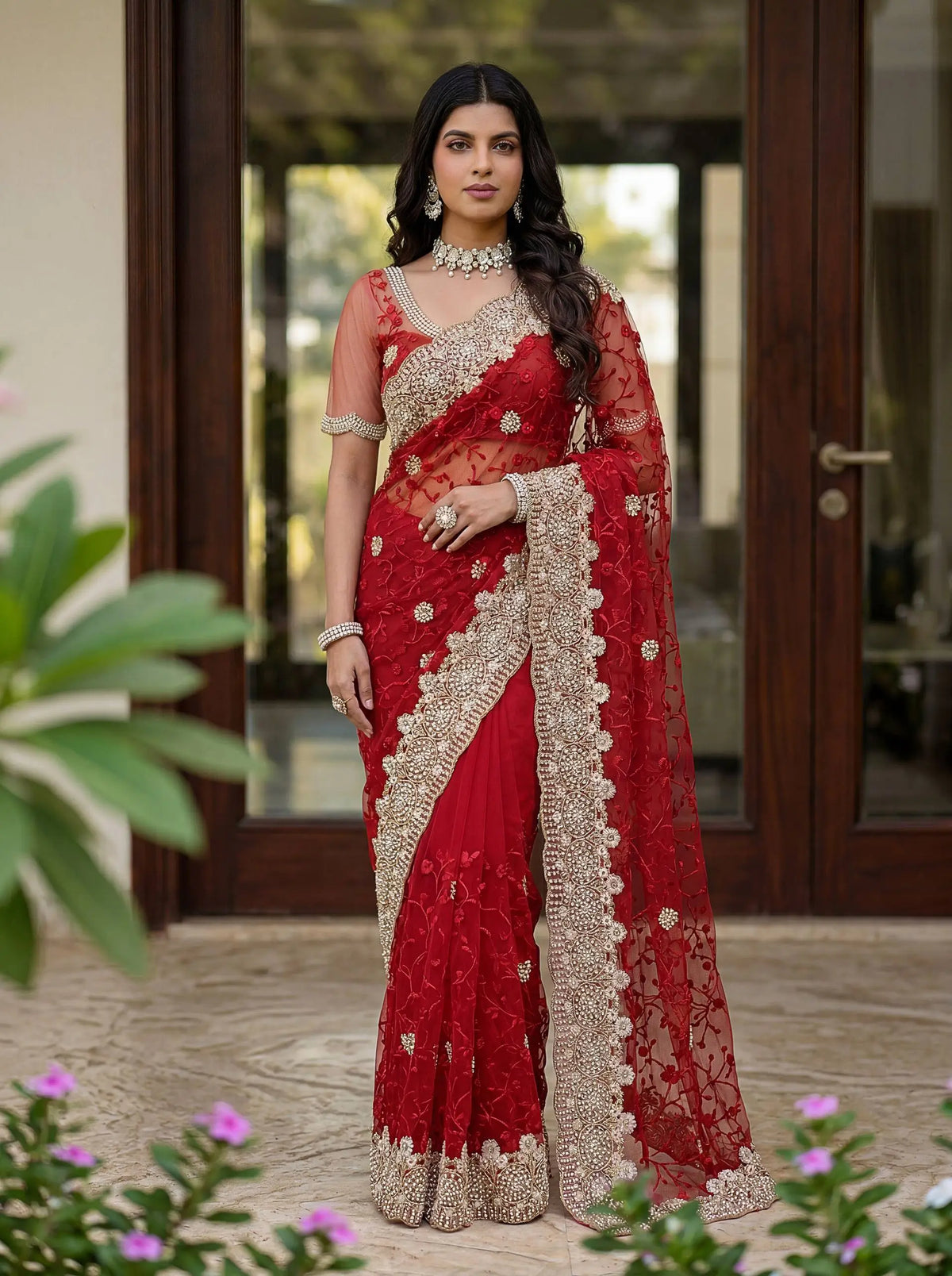 Beautiful Net Saree with Pearl Diamond Embroidery
