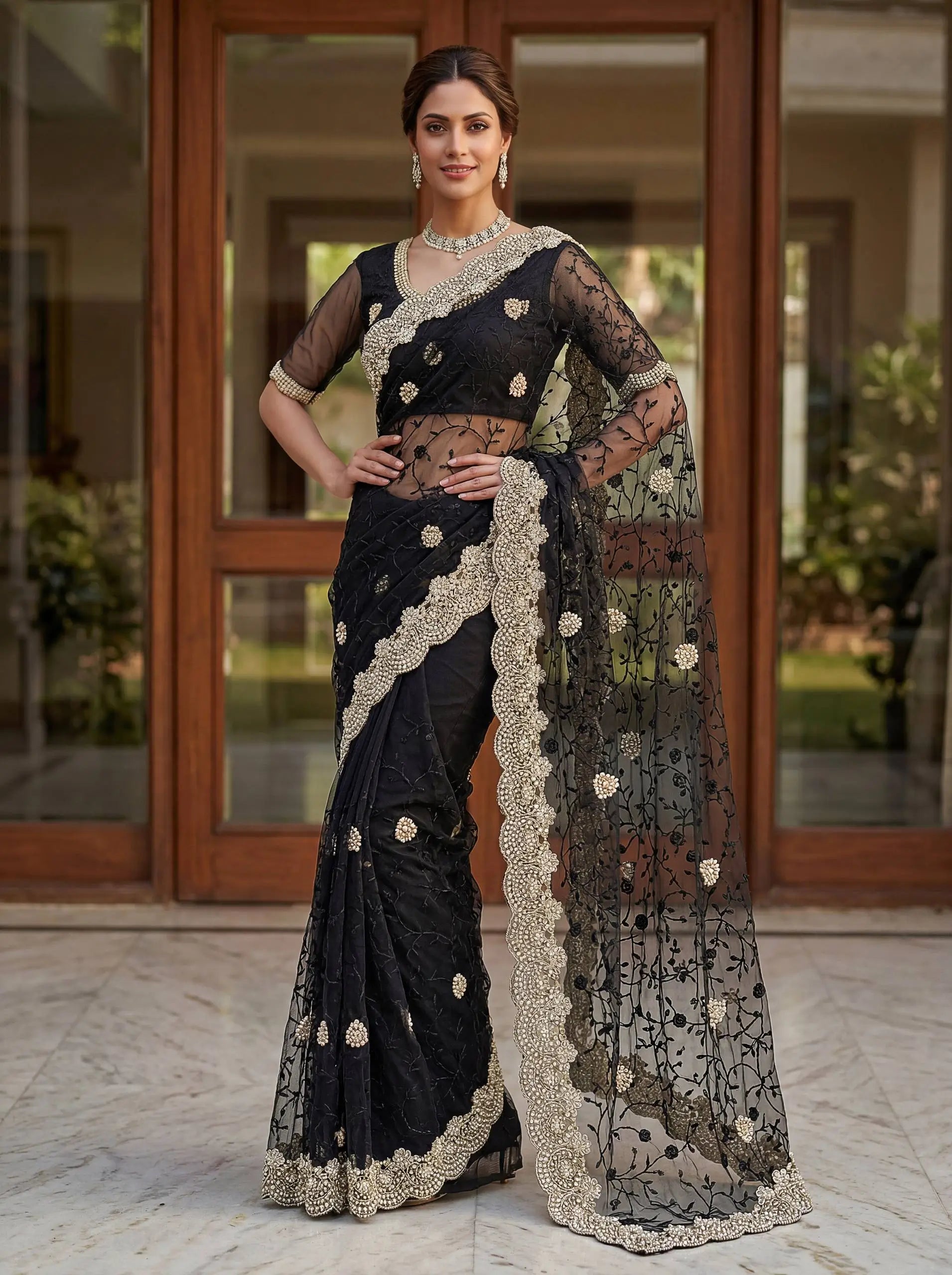 Beautiful Net Saree with Pearl Diamond Embroidery