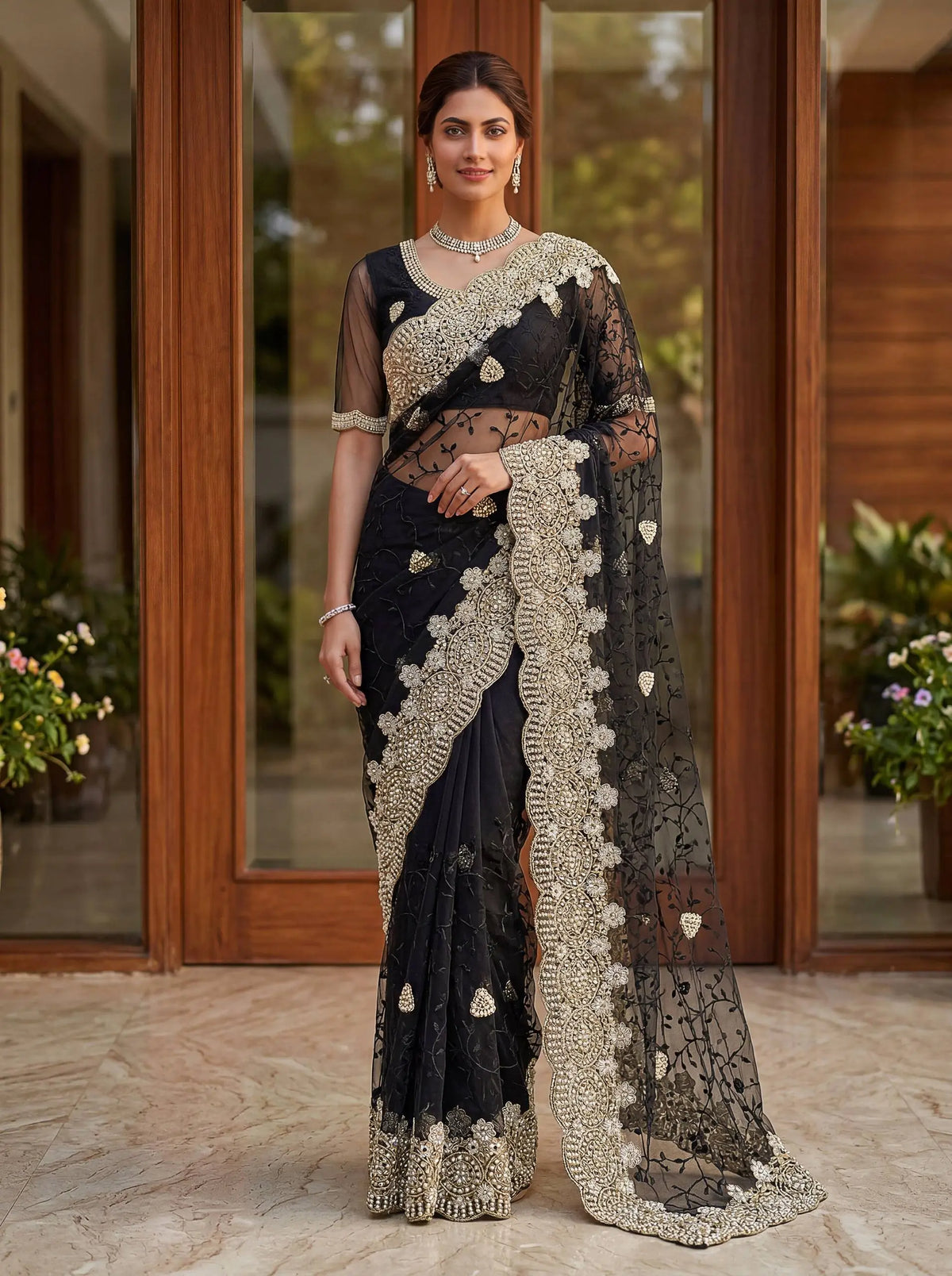 Beautiful Net Saree with Pearl Diamond Embroidery
