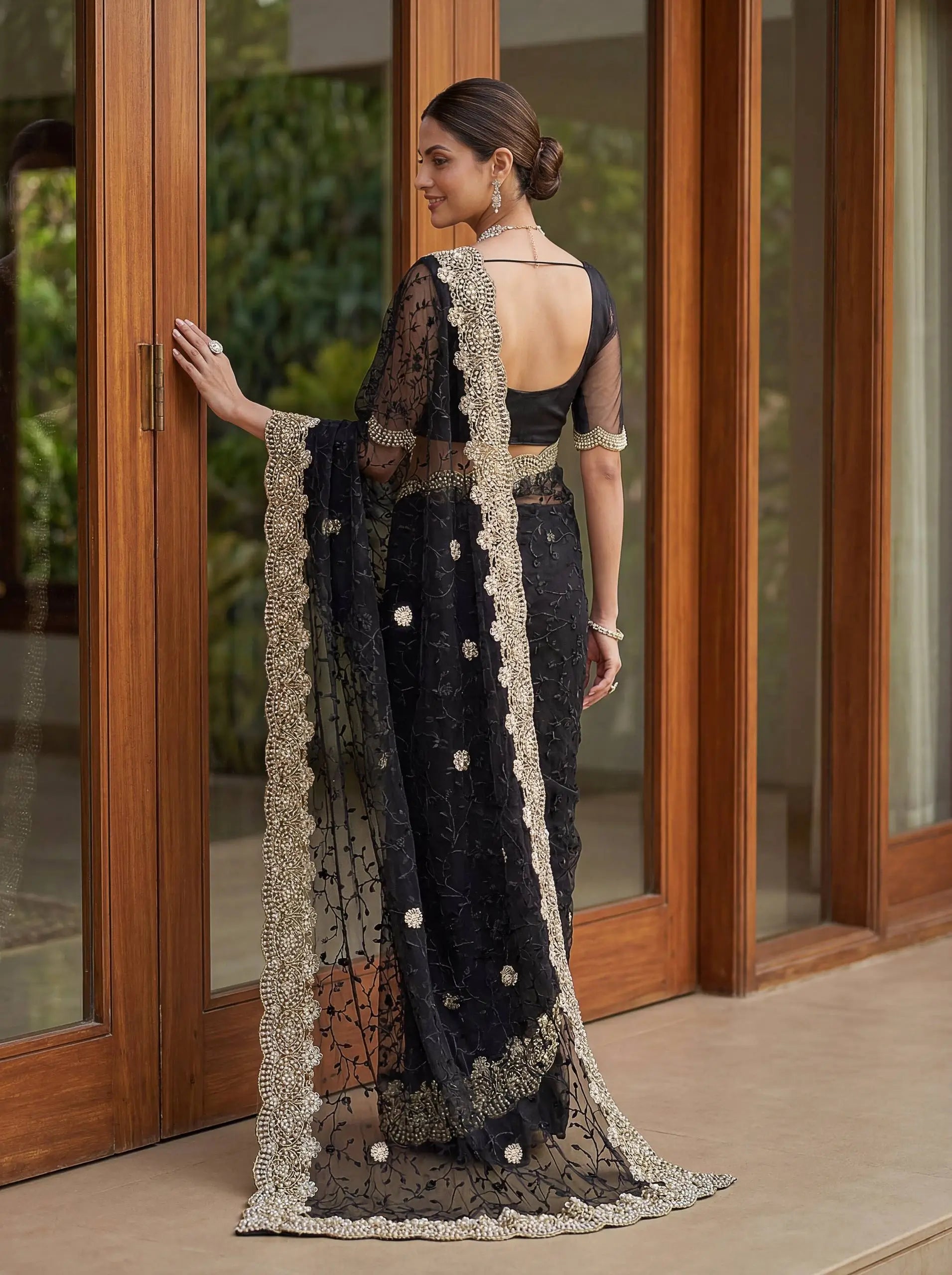 Beautiful Net Saree with Pearl Diamond Embroidery