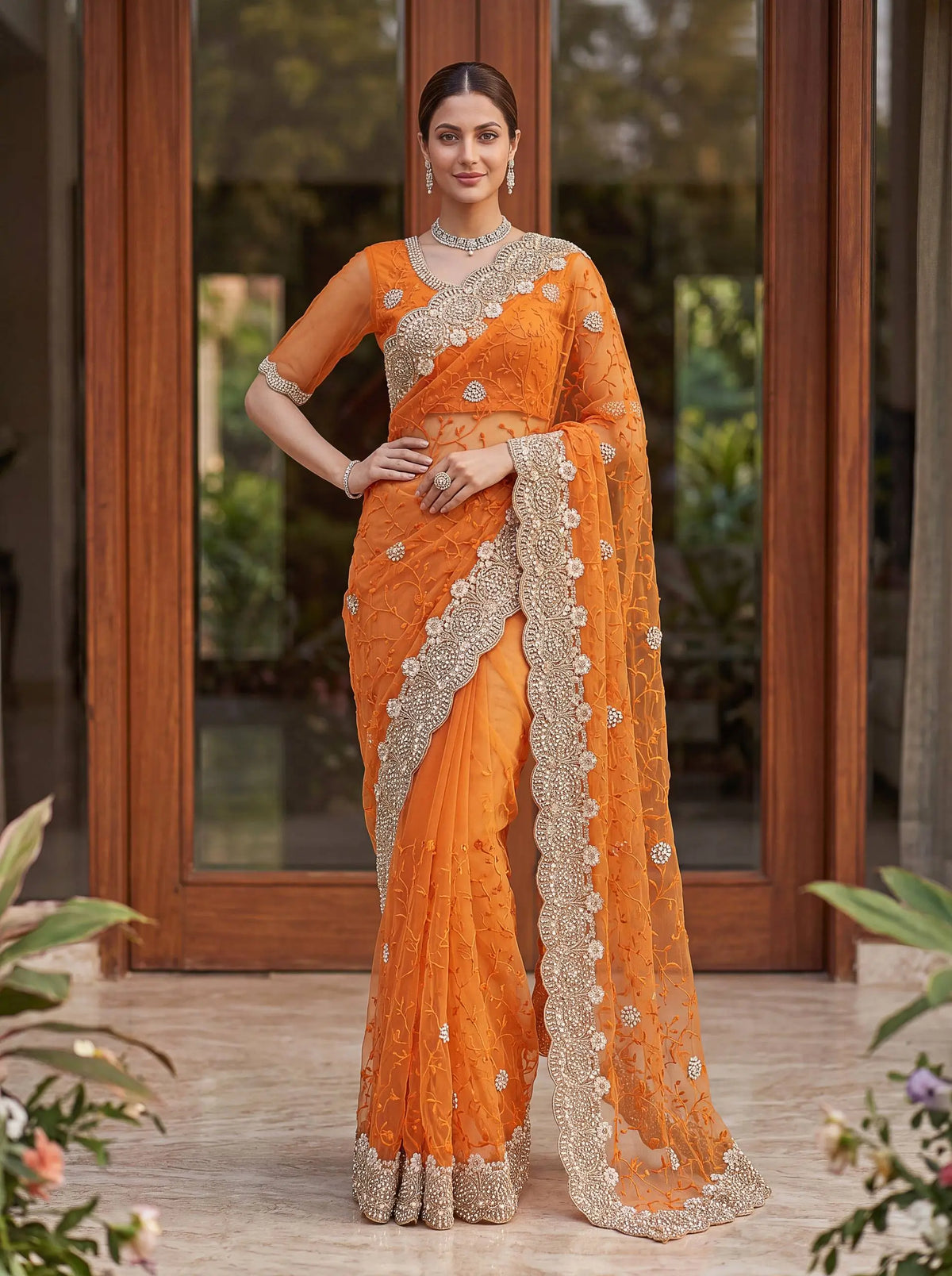 Beautiful Net Saree with Pearl Diamond Embroidery