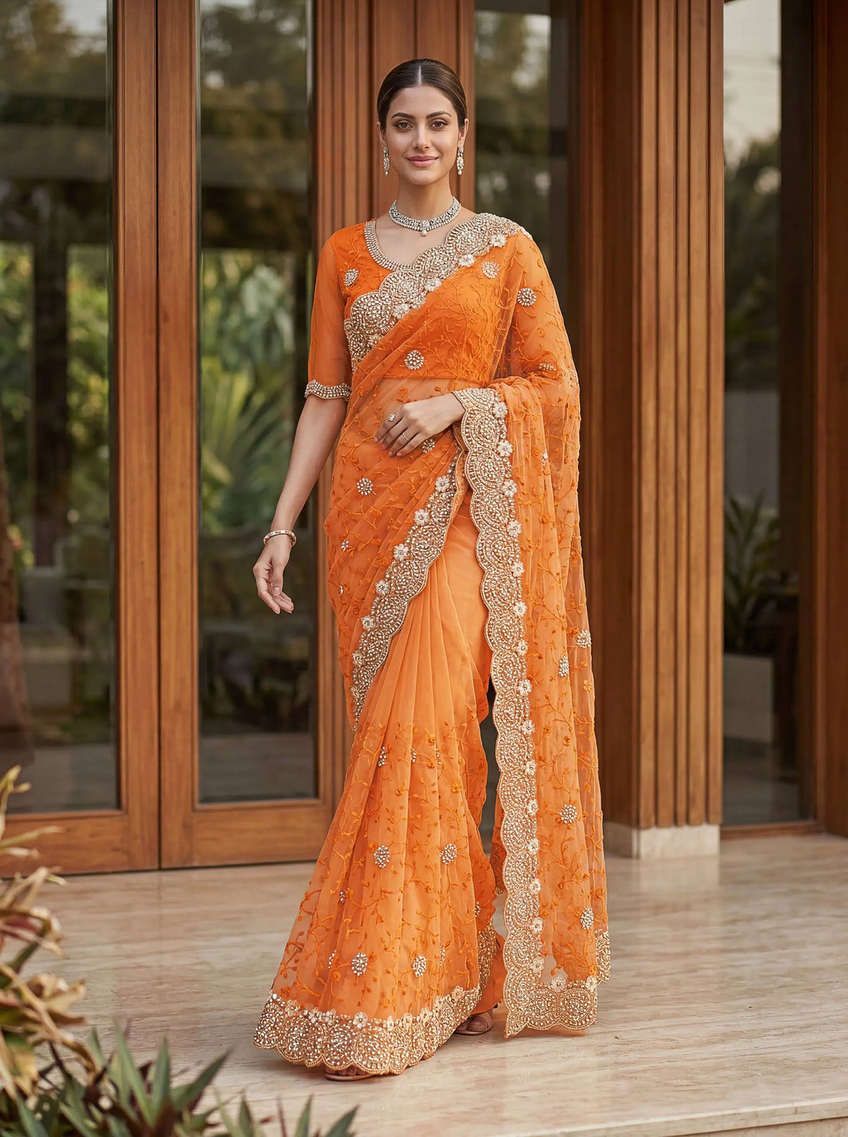 Beautiful Net Saree with Pearl Diamond Embroidery