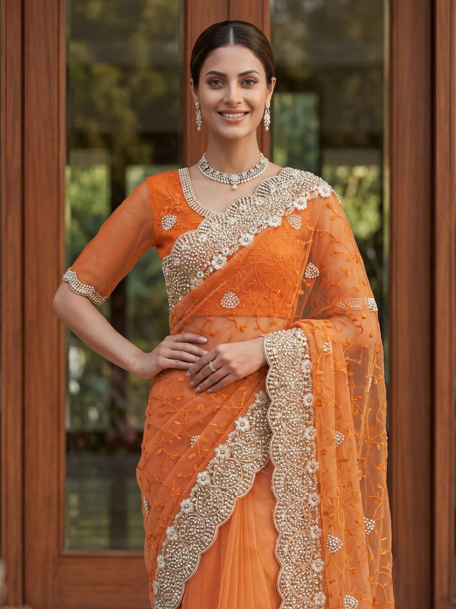 Beautiful Net Saree with Pearl Diamond Embroidery