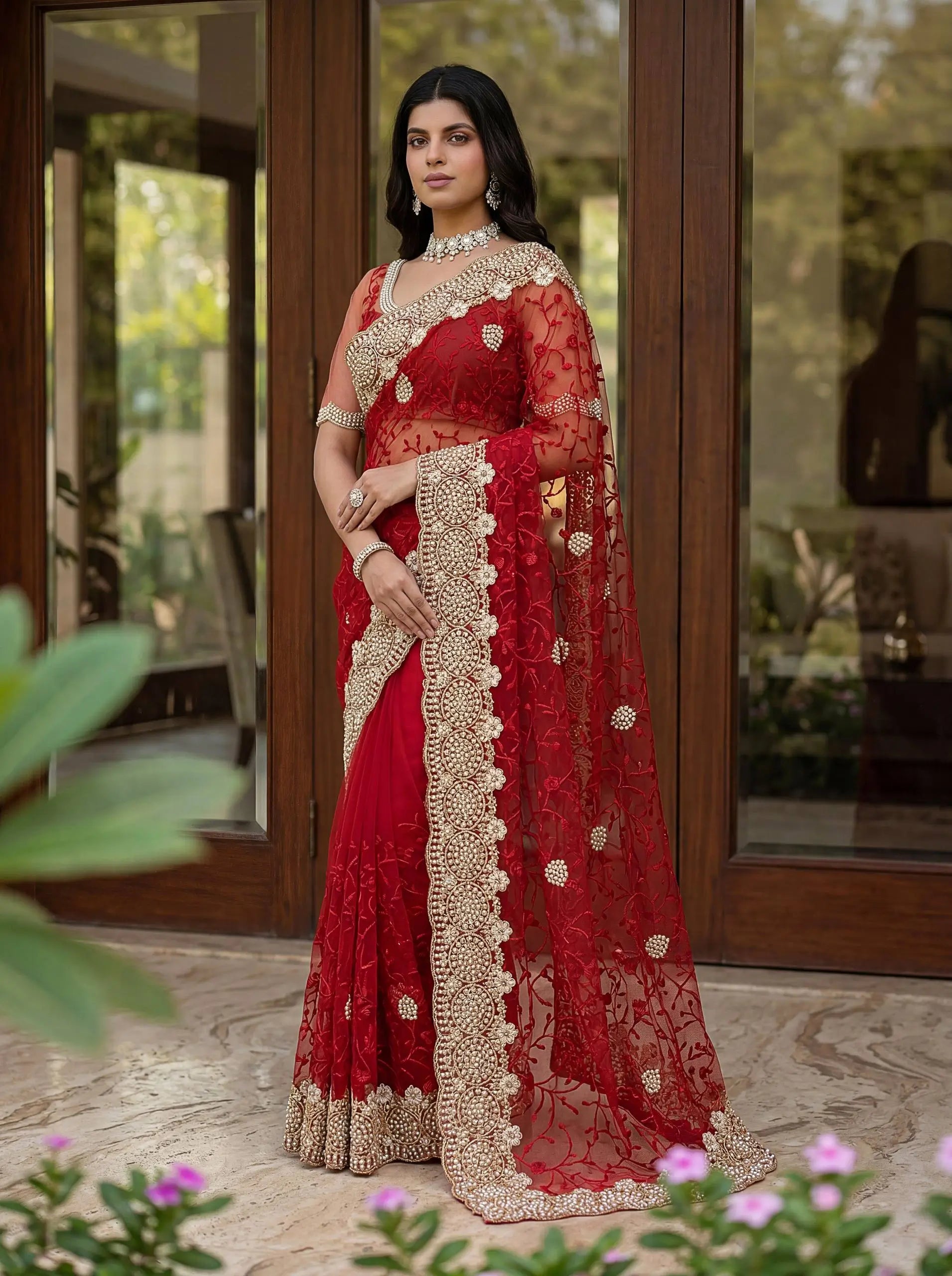 Beautiful Net Saree with Pearl Diamond Embroidery