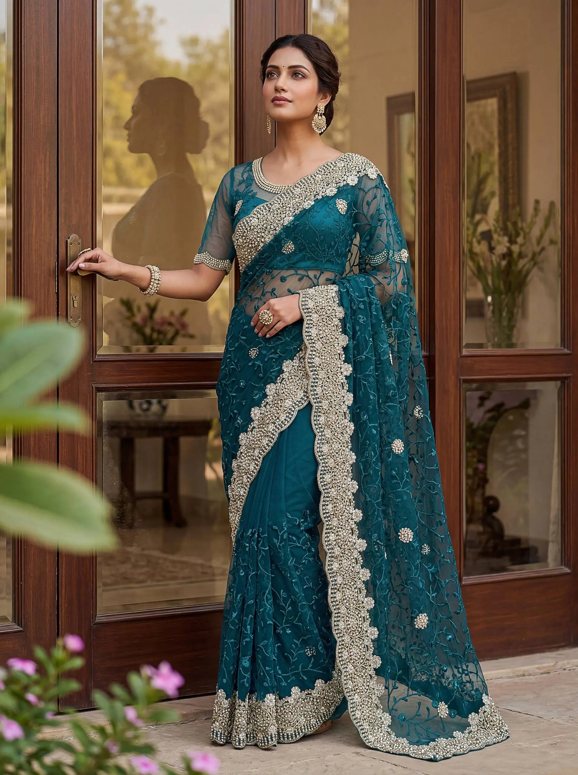 Beautiful Net Saree with Pearl Diamond Embroidery