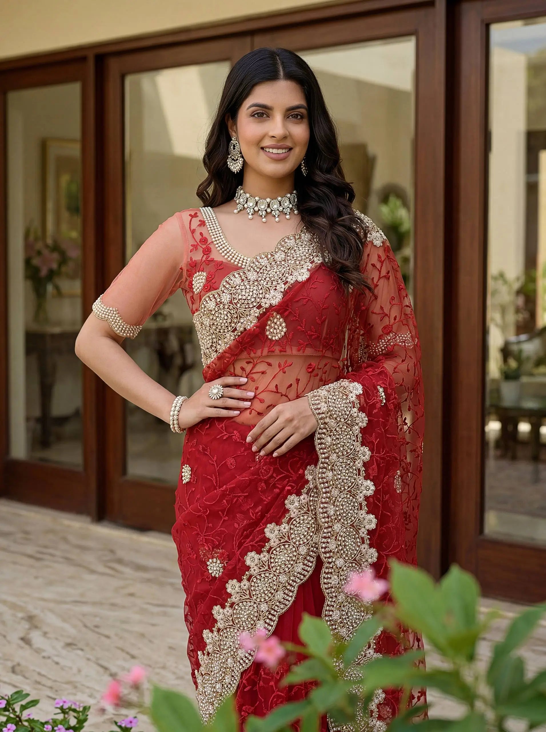 Beautiful Net Saree with Pearl Diamond Embroidery