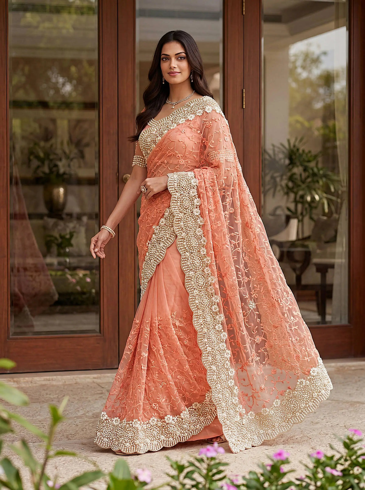 Beautiful Net Saree with Pearl Diamond Embroidery