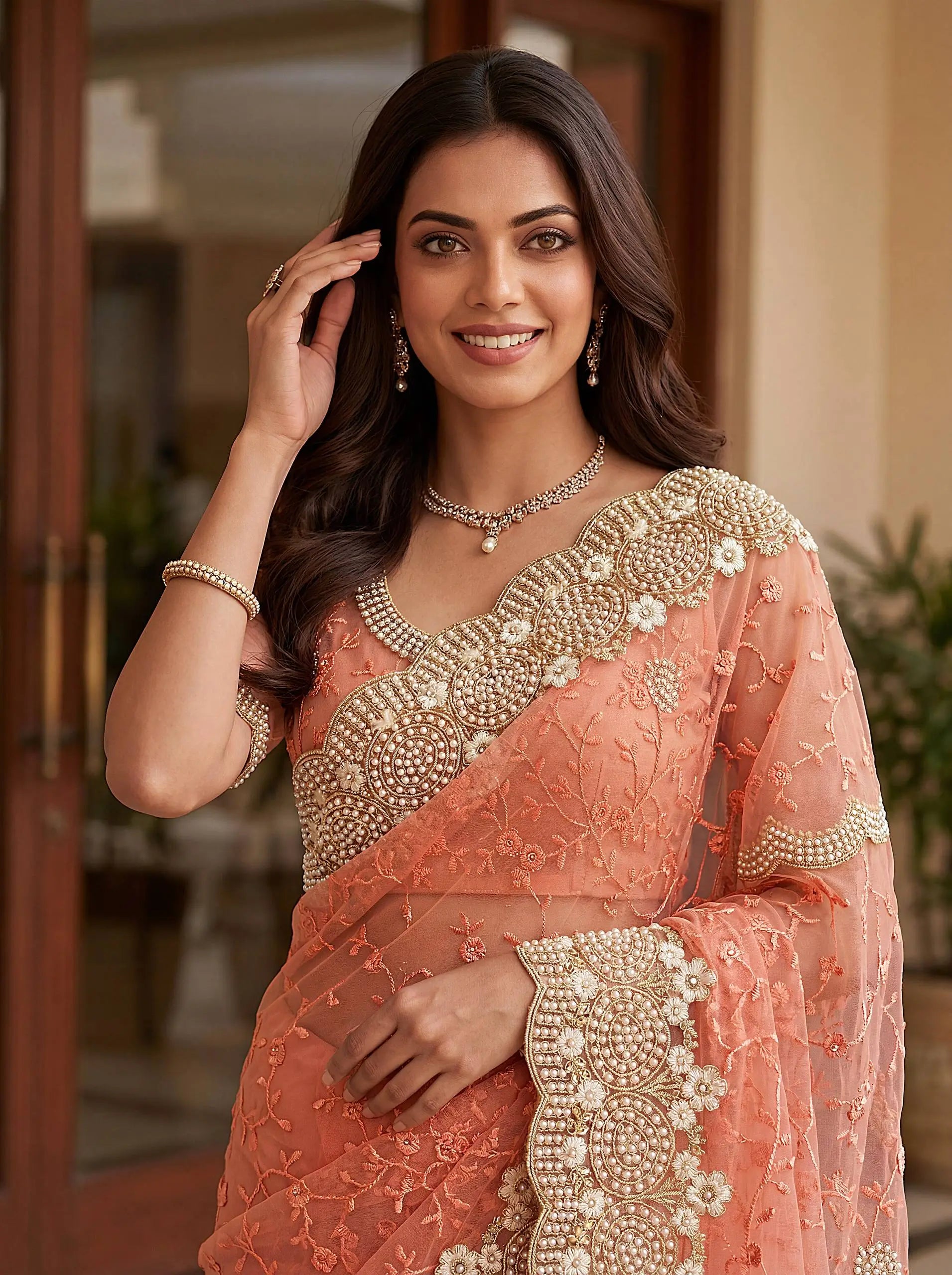 Beautiful Net Saree with Pearl Diamond Embroidery