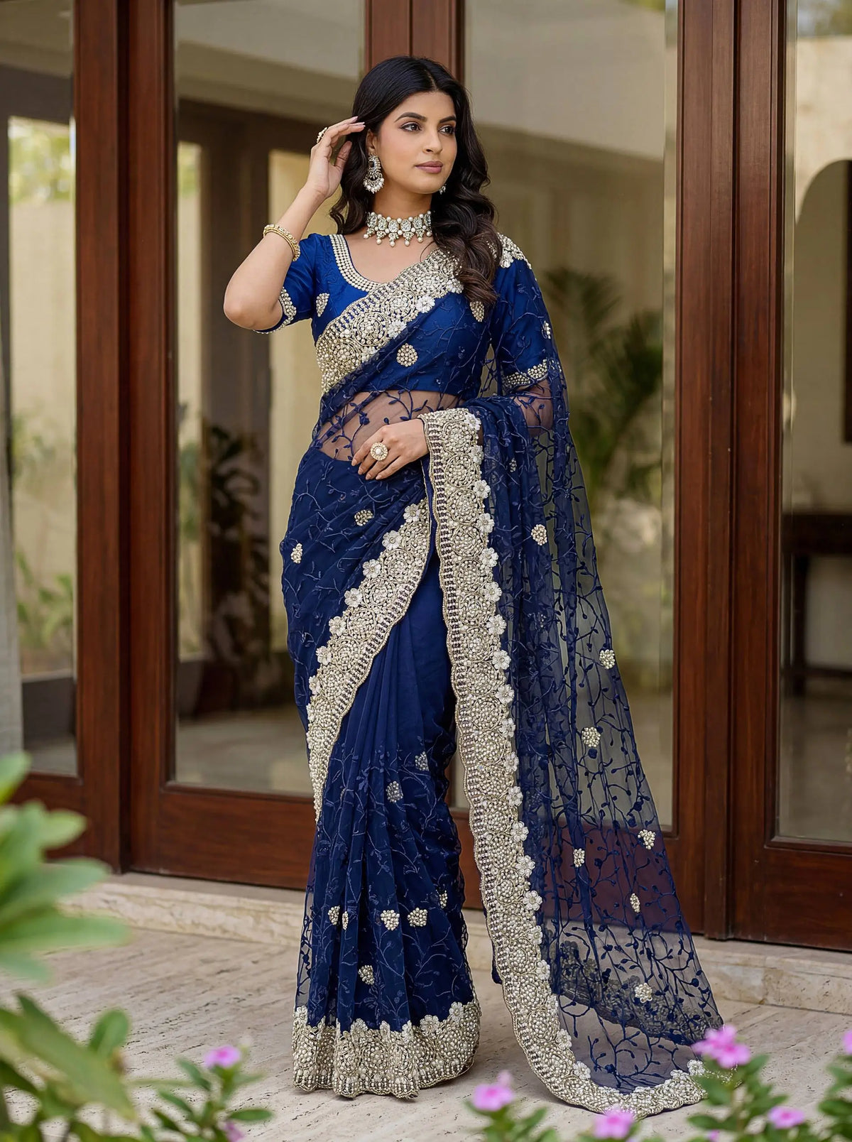 Beautiful Net Saree with Pearl Diamond Embroidery