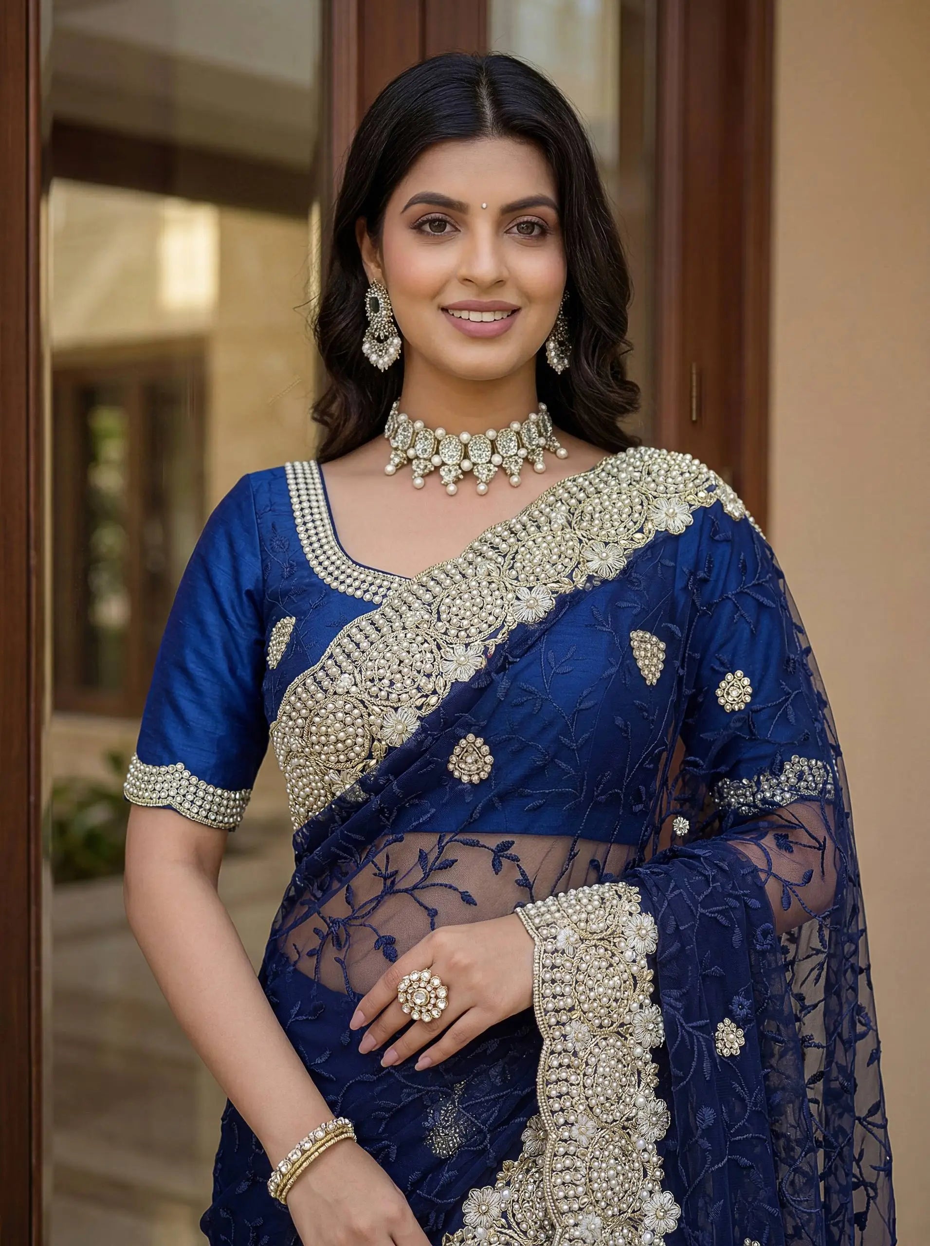 Beautiful Net Saree with Pearl Diamond Embroidery