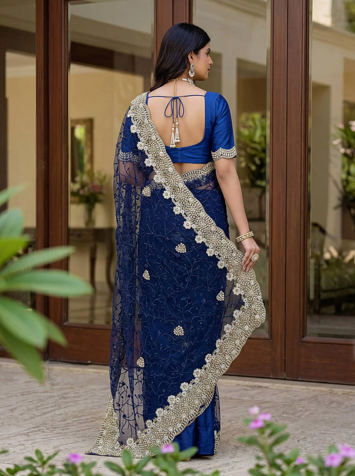 Beautiful Net Saree with Pearl Diamond Embroidery