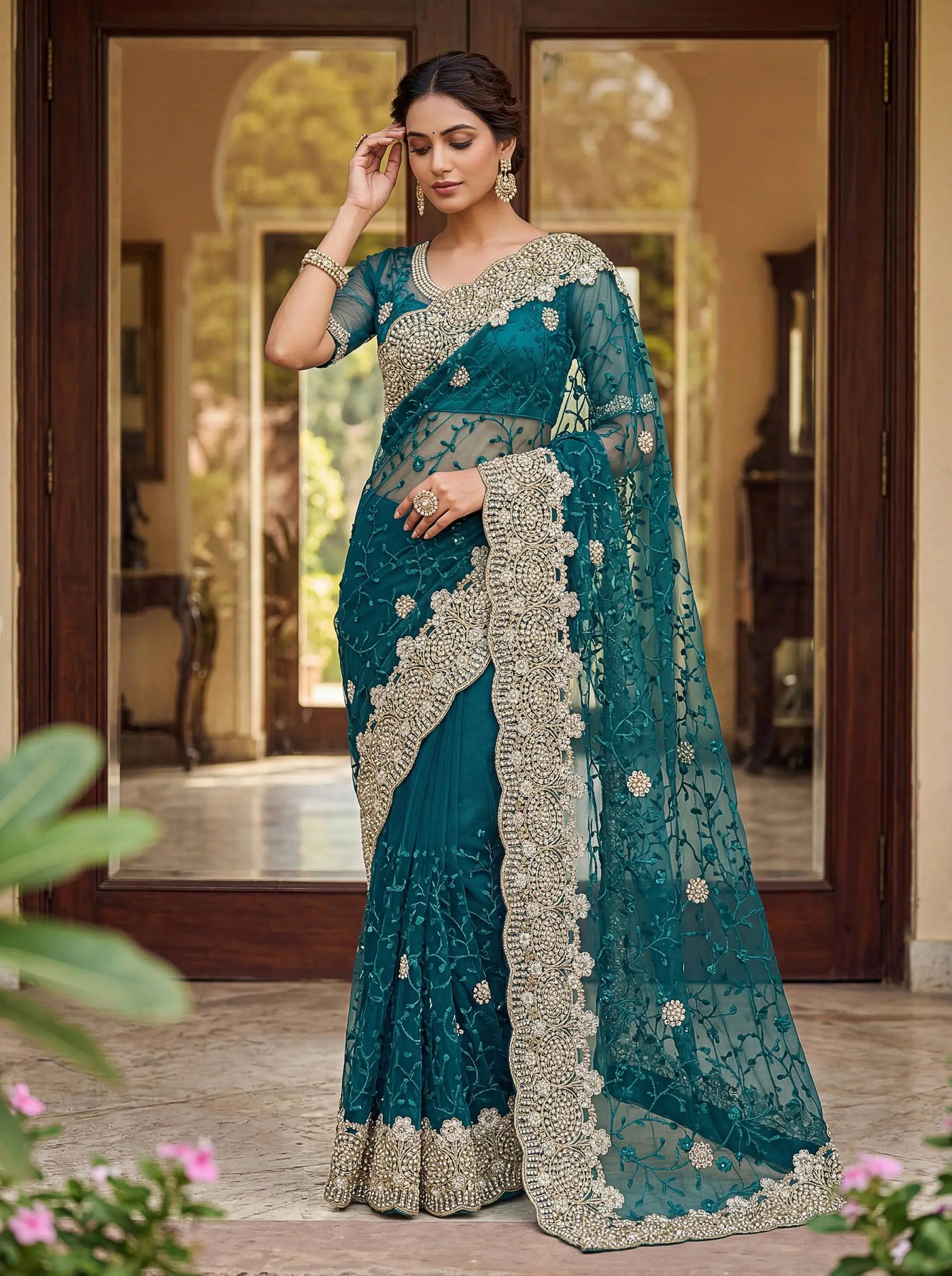 Beautiful Net Saree with Pearl Diamond Embroidery