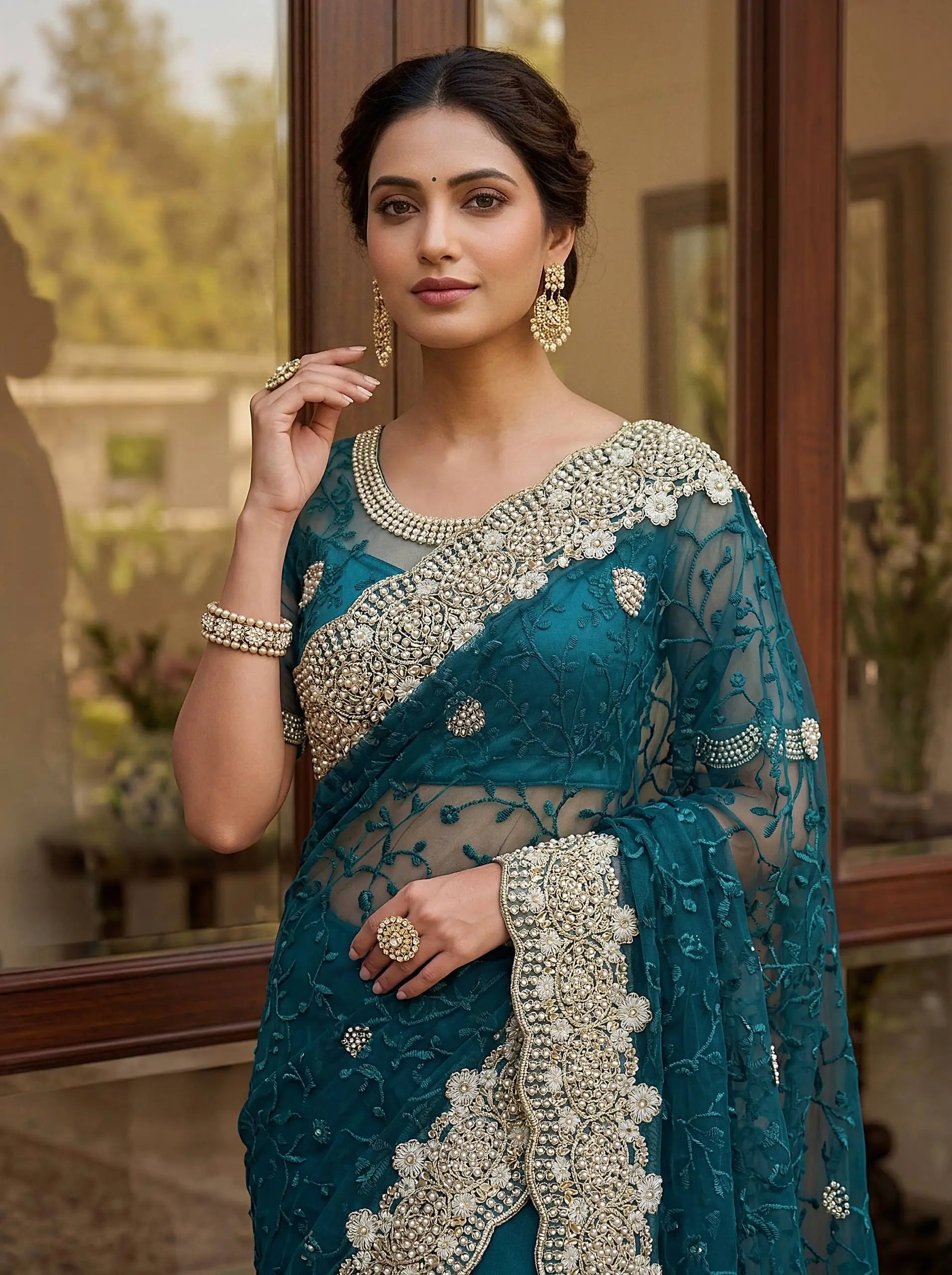 Beautiful Net Saree with Pearl Diamond Embroidery