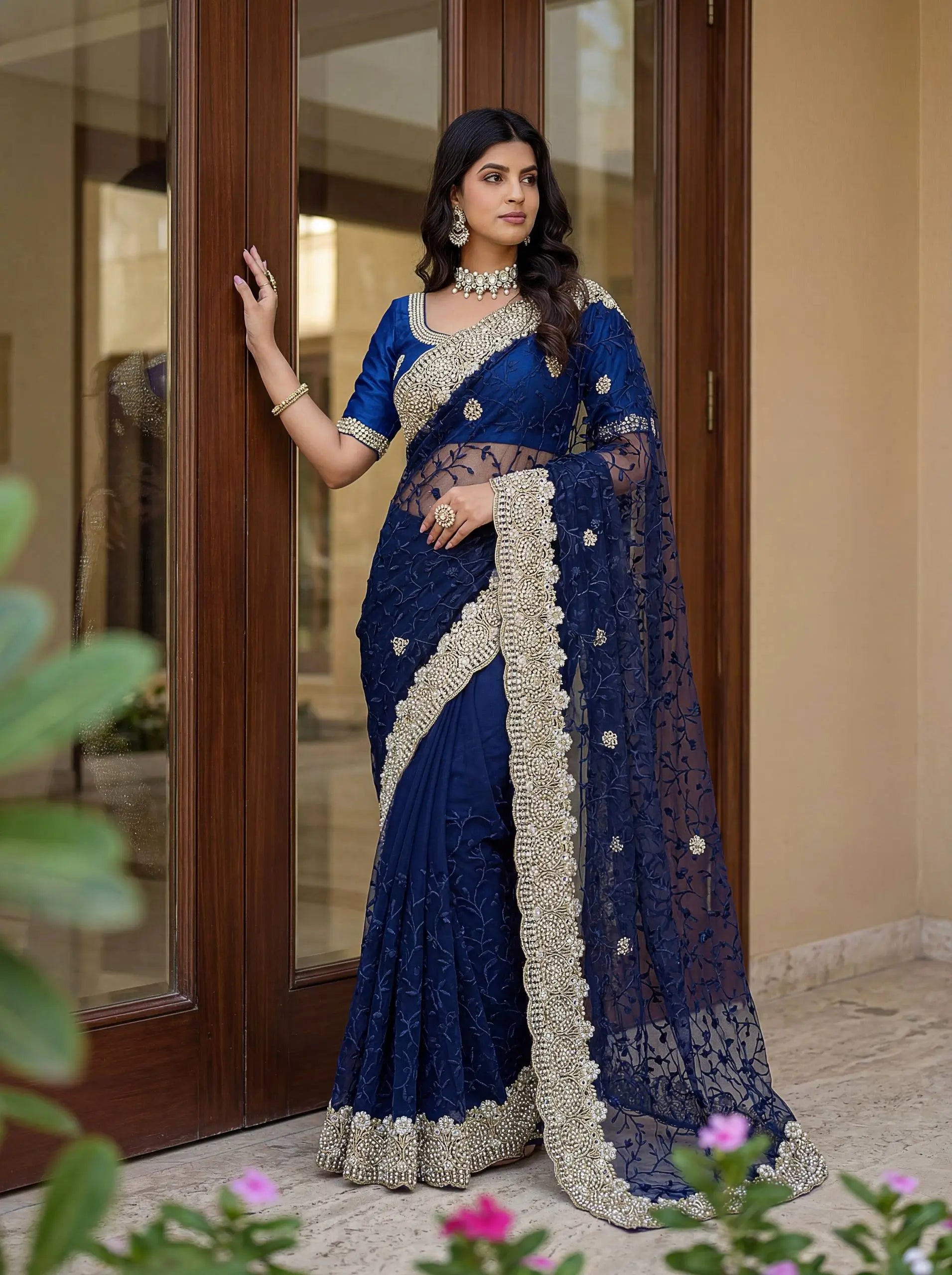 Beautiful Net Saree with Pearl Diamond Embroidery