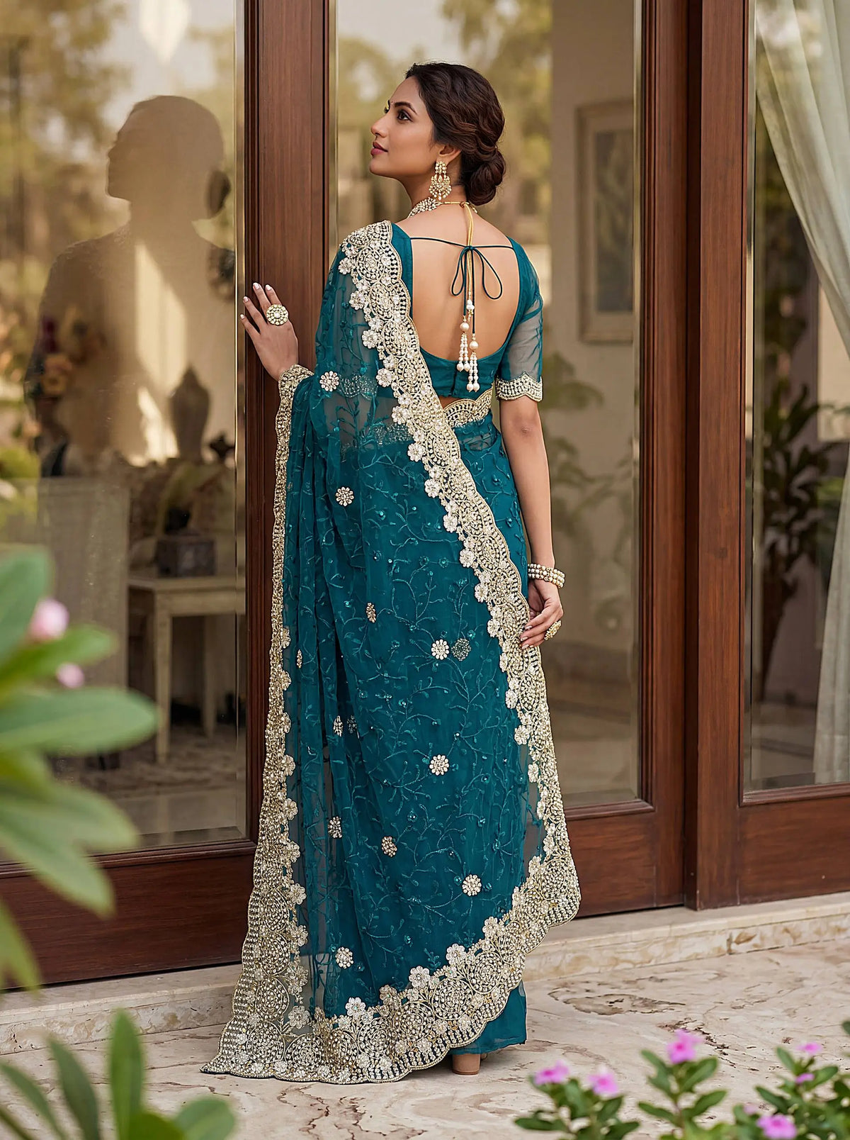 Beautiful Net Saree with Pearl Diamond Embroidery