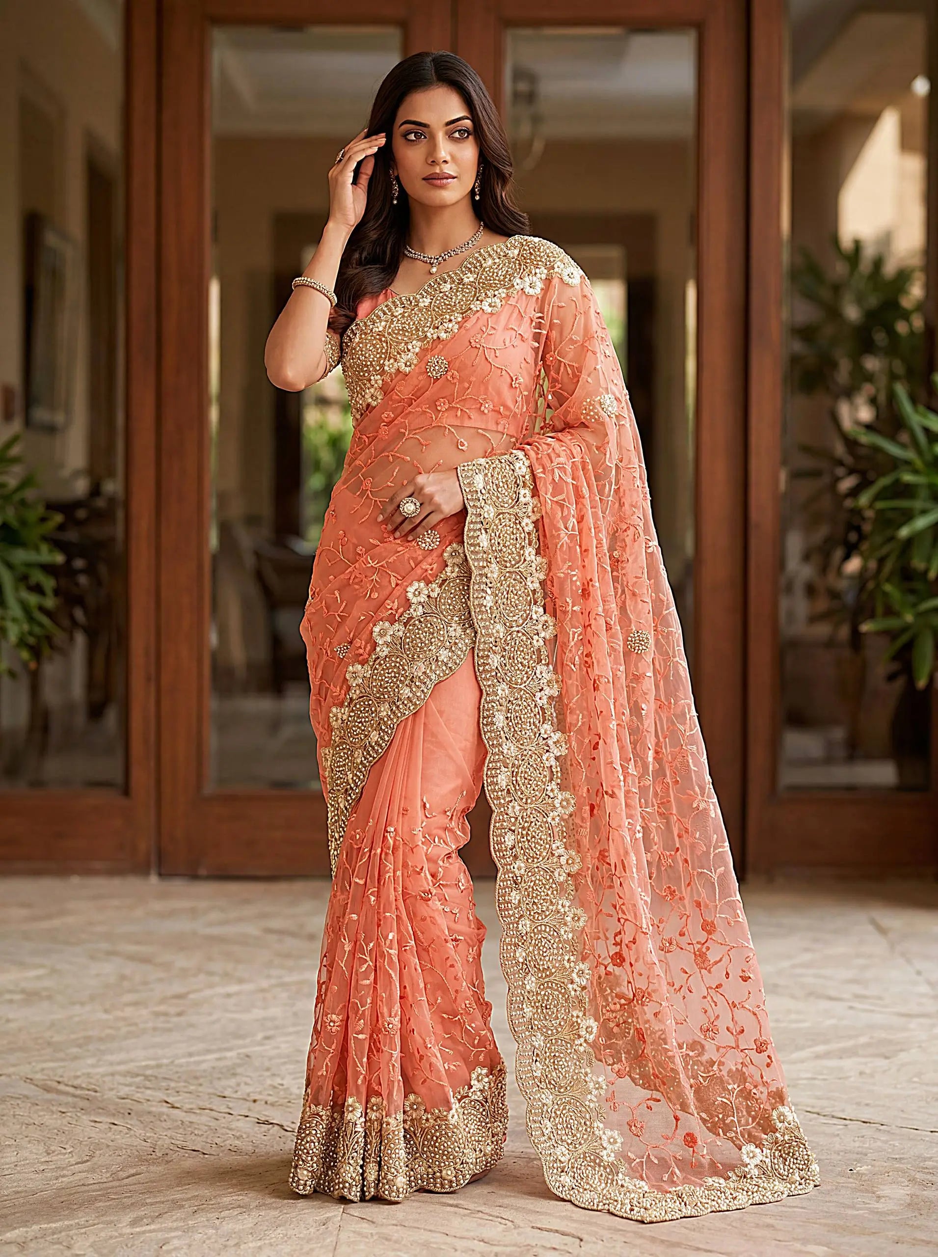 Beautiful Net Saree with Pearl Diamond Embroidery