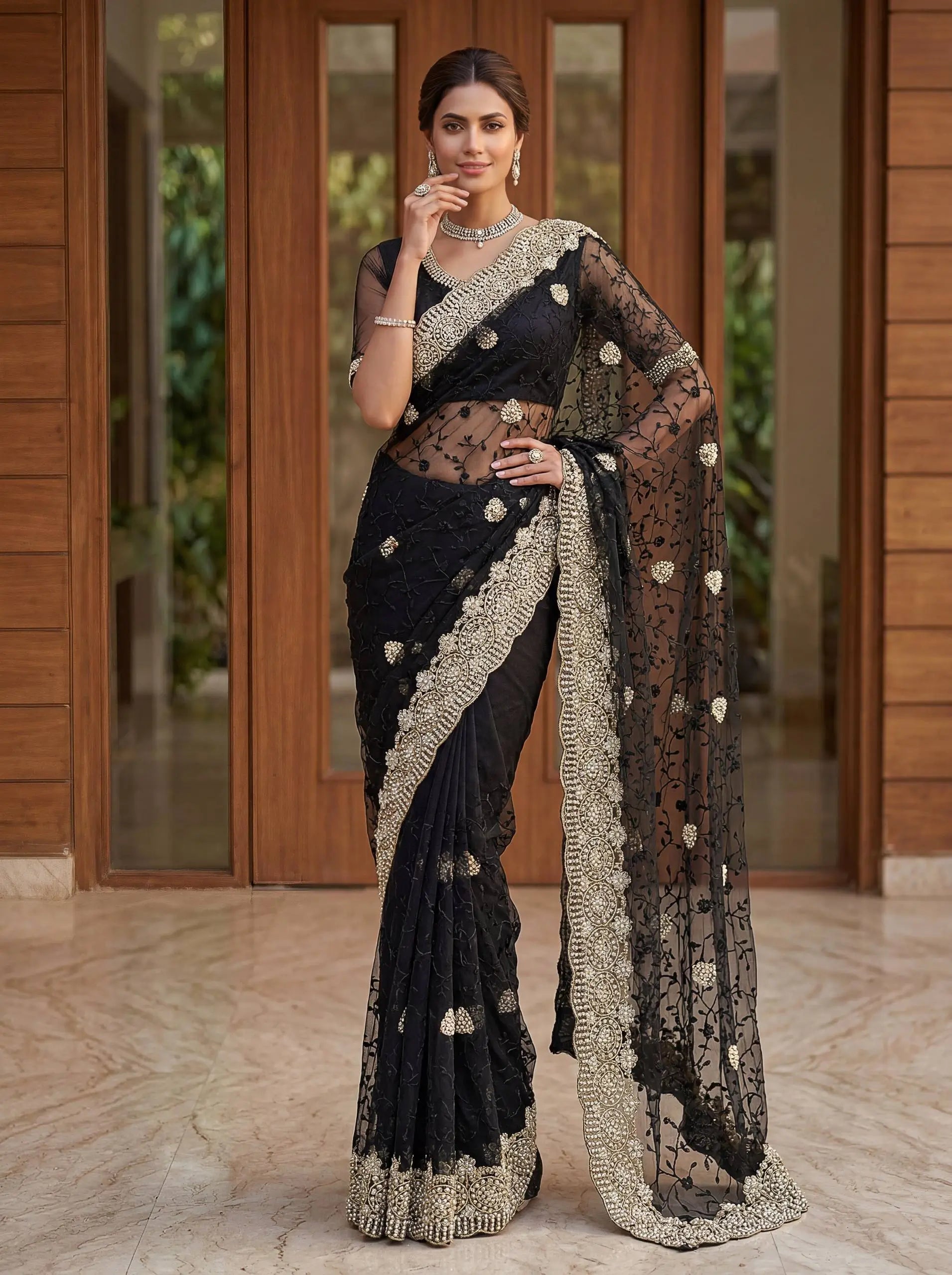 Beautiful Net Saree with Pearl Diamond Embroidery