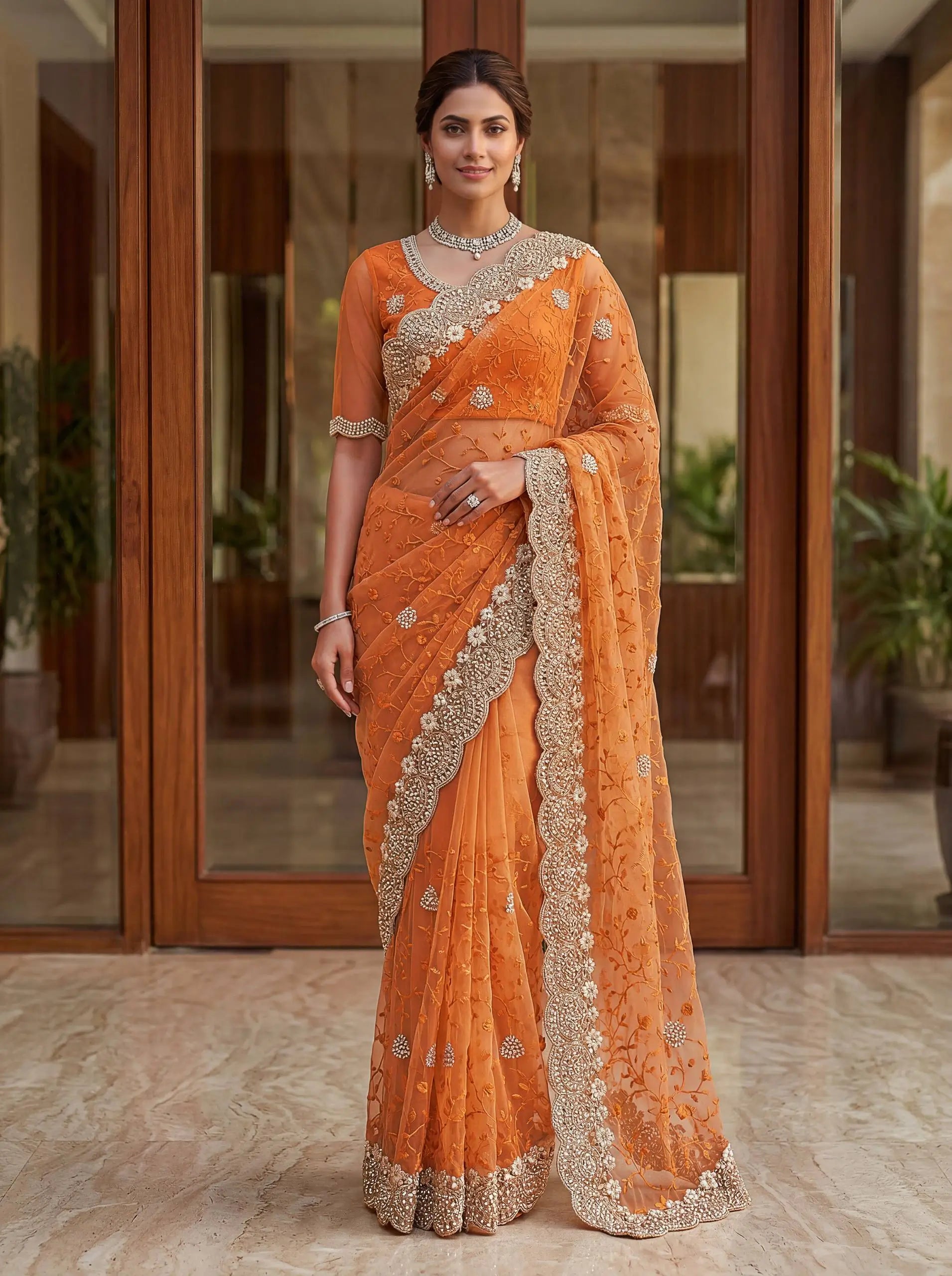 Beautiful Net Saree with Pearl Diamond Embroidery
