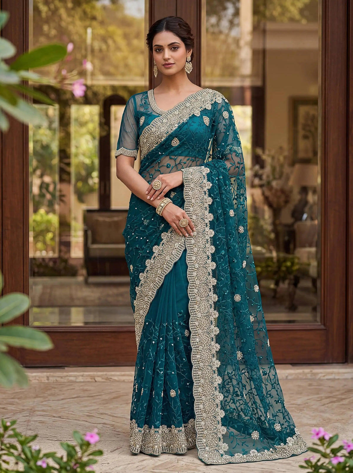 Beautiful Net Saree with Pearl Diamond Embroidery