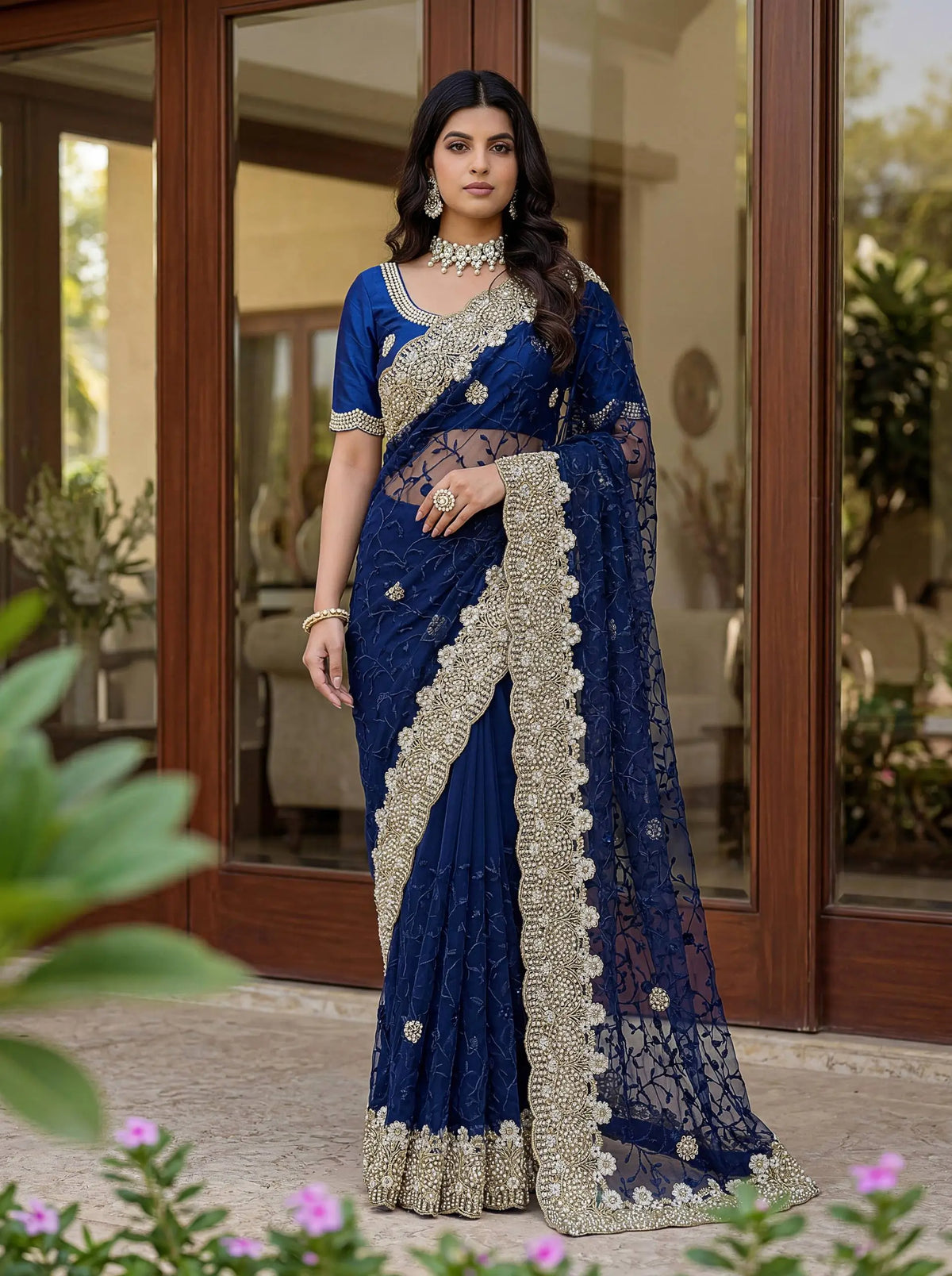 Beautiful Net Saree with Pearl Diamond Embroidery