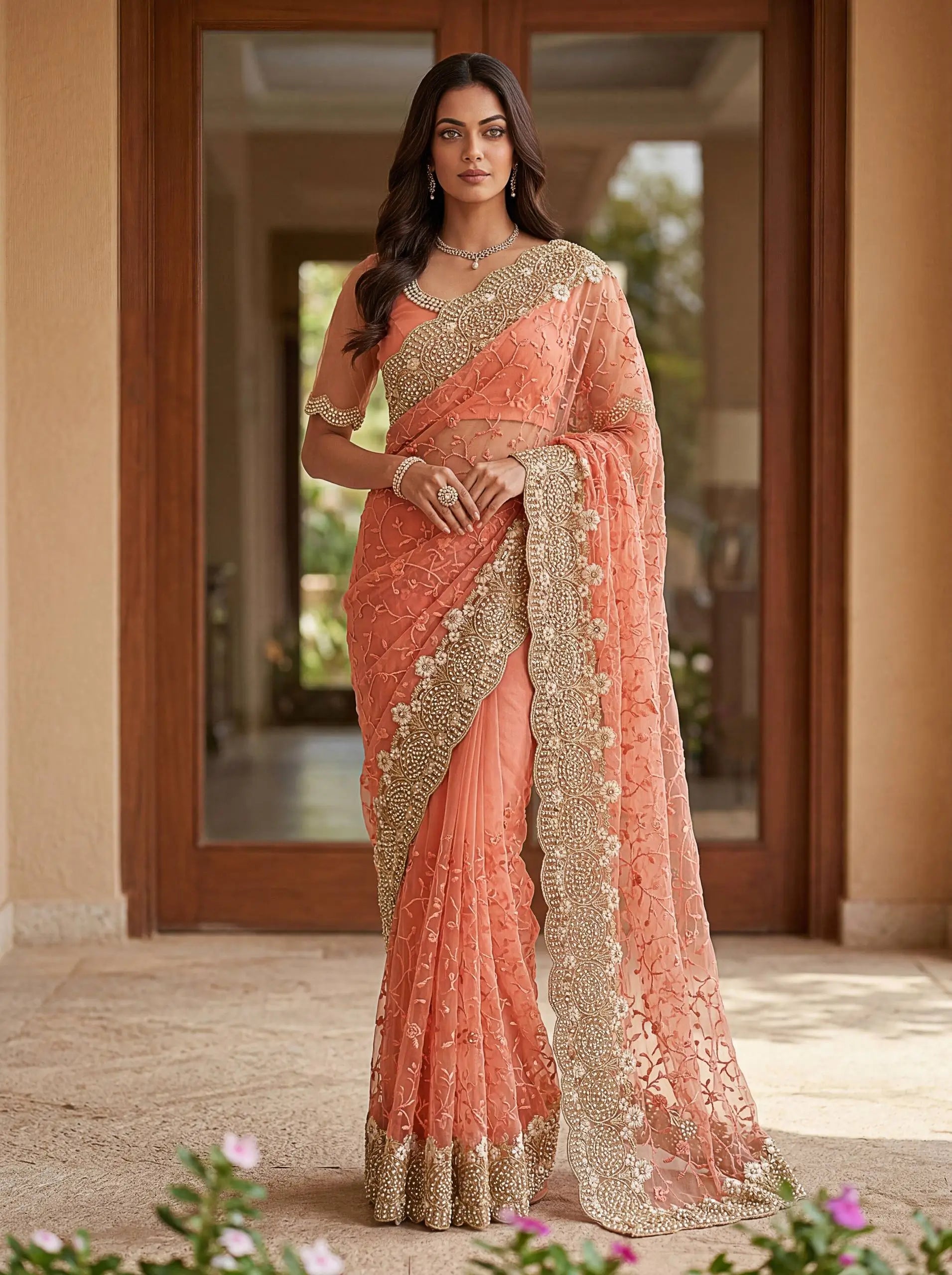 Beautiful Net Saree with Pearl Diamond Embroidery