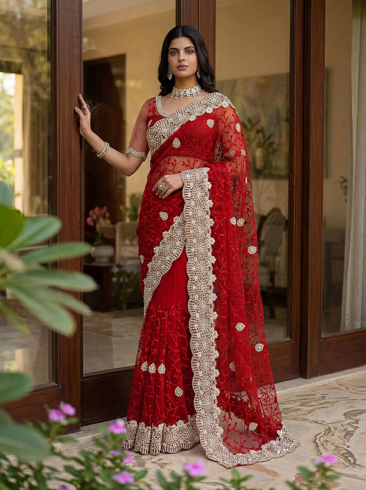 Beautiful Net Saree with Pearl Diamond Embroidery