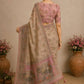 Beige Elephant Print Handwork Linen Saree