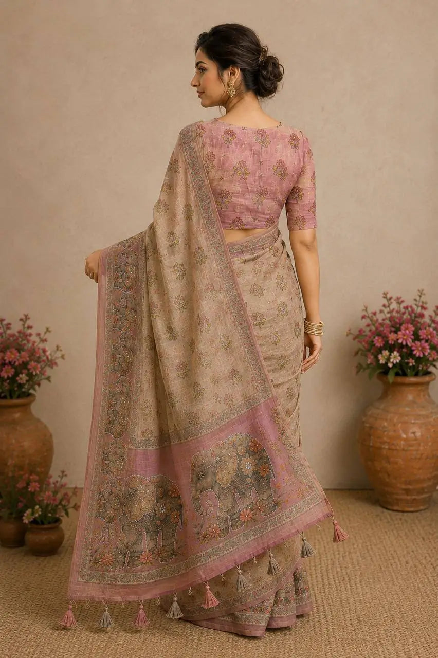 Beige Elephant Print Handwork Linen Saree
