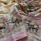 Beige Elephant Print Handwork Linen Saree