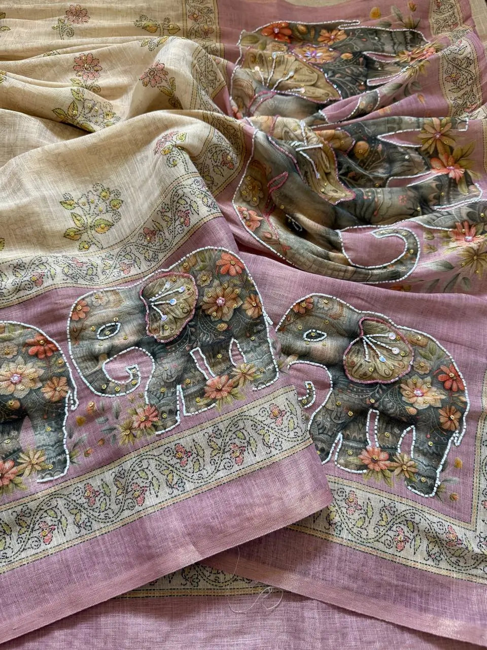 Beige Elephant Print Handwork Linen Saree