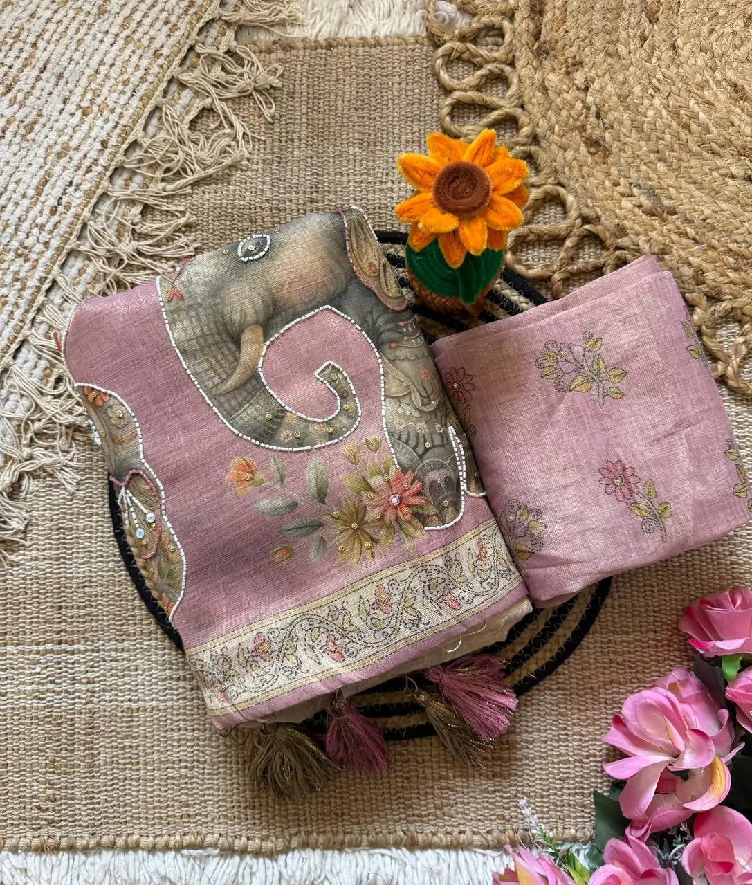 Beige Elephant Print Handwork Linen Saree
