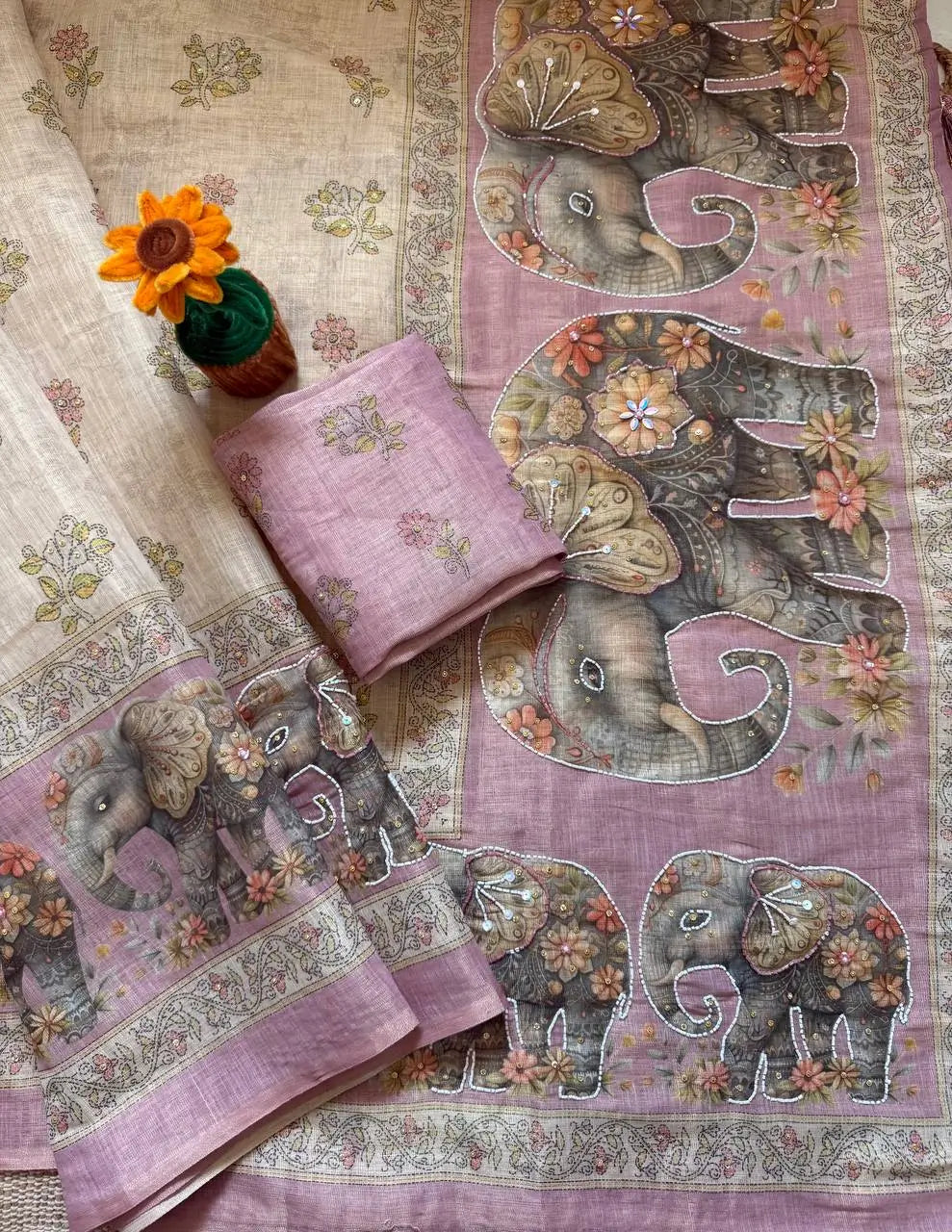 Beige Elephant Print Handwork Linen Saree