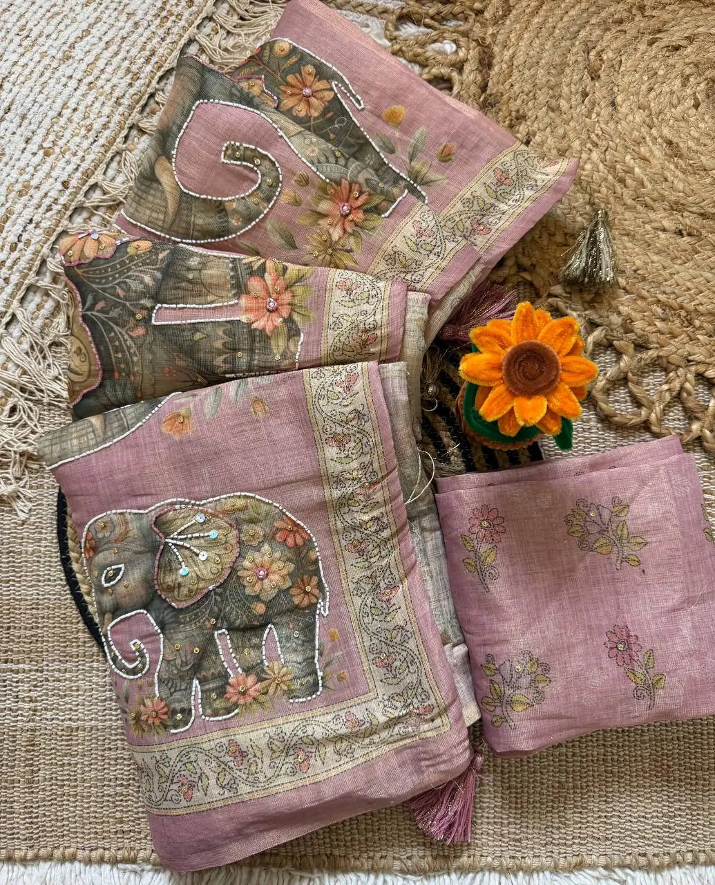 Beige Elephant Print Handwork Linen Saree