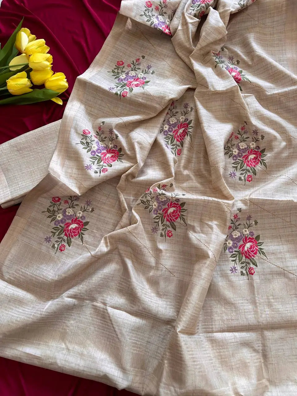 Beige Floral Tussar Saree