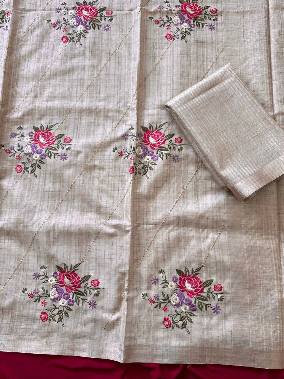 Beige Floral Tussar Saree