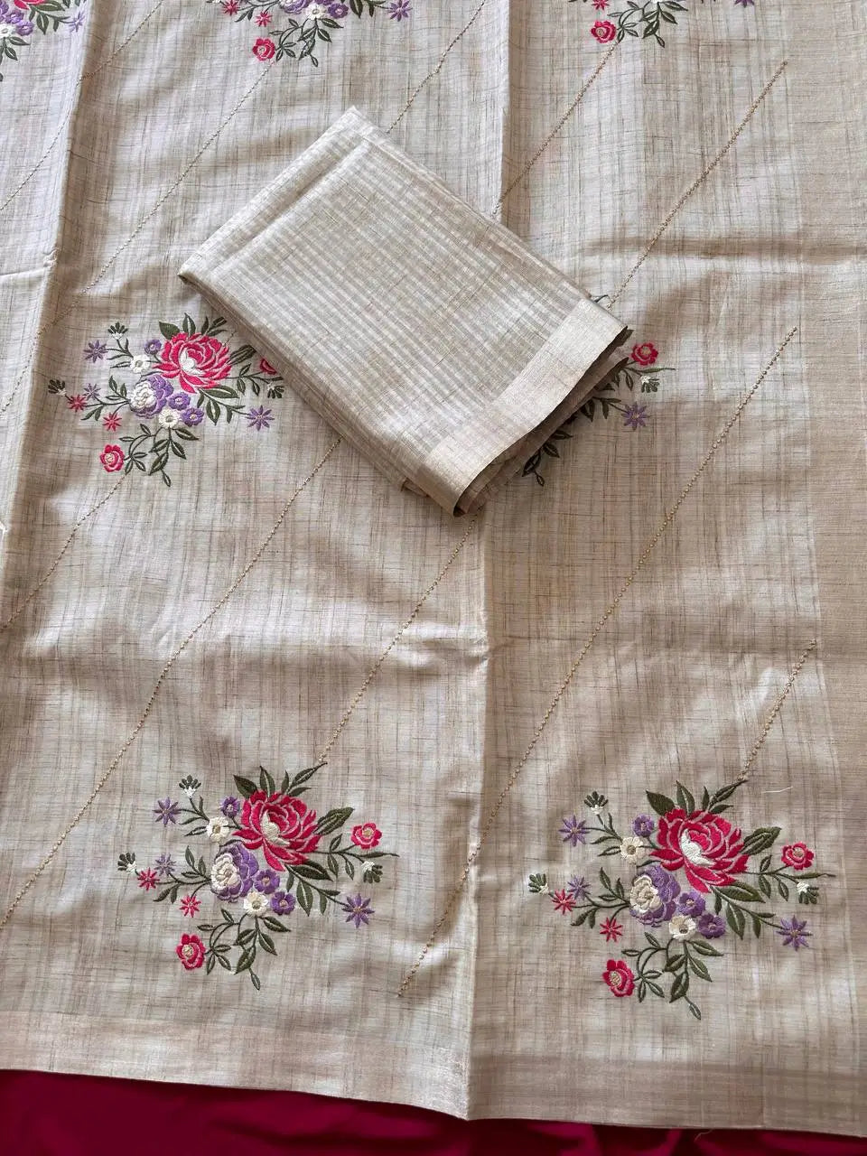 Beige Floral Tussar Saree