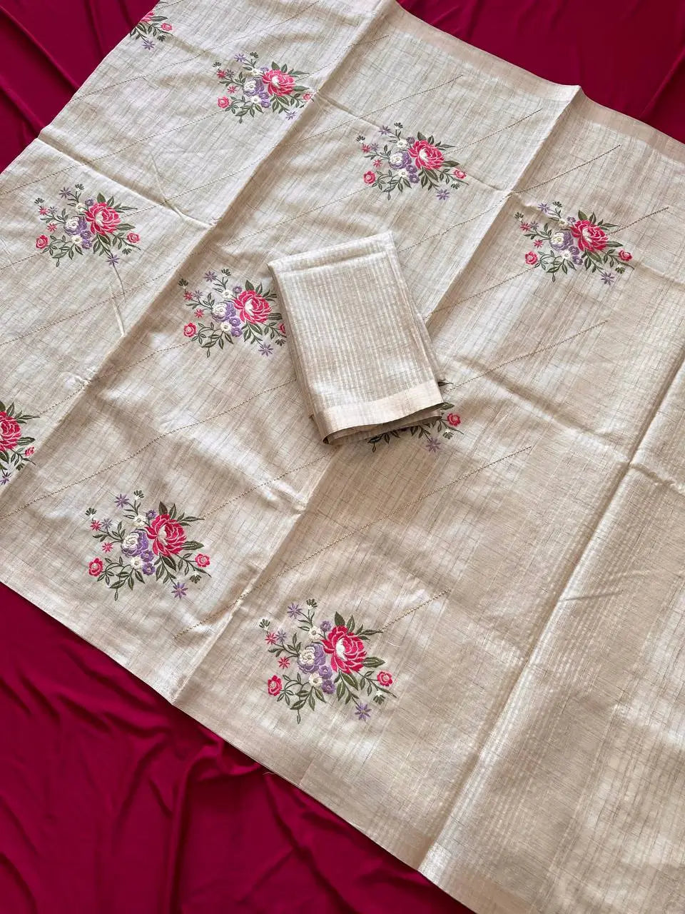 Beige Floral Tussar Saree