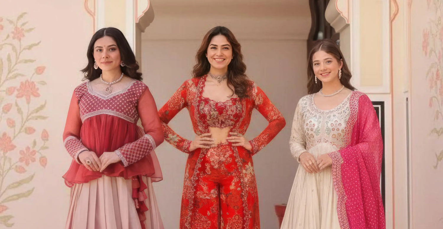 Three women in traditional outfits standing in a decorative setting.