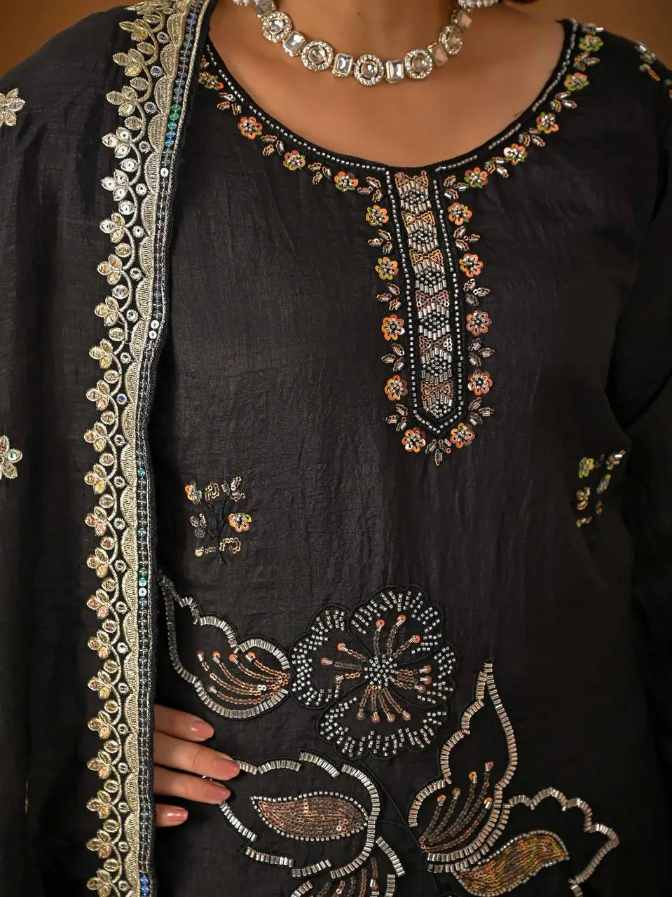 Black Beadwork Sharara Set