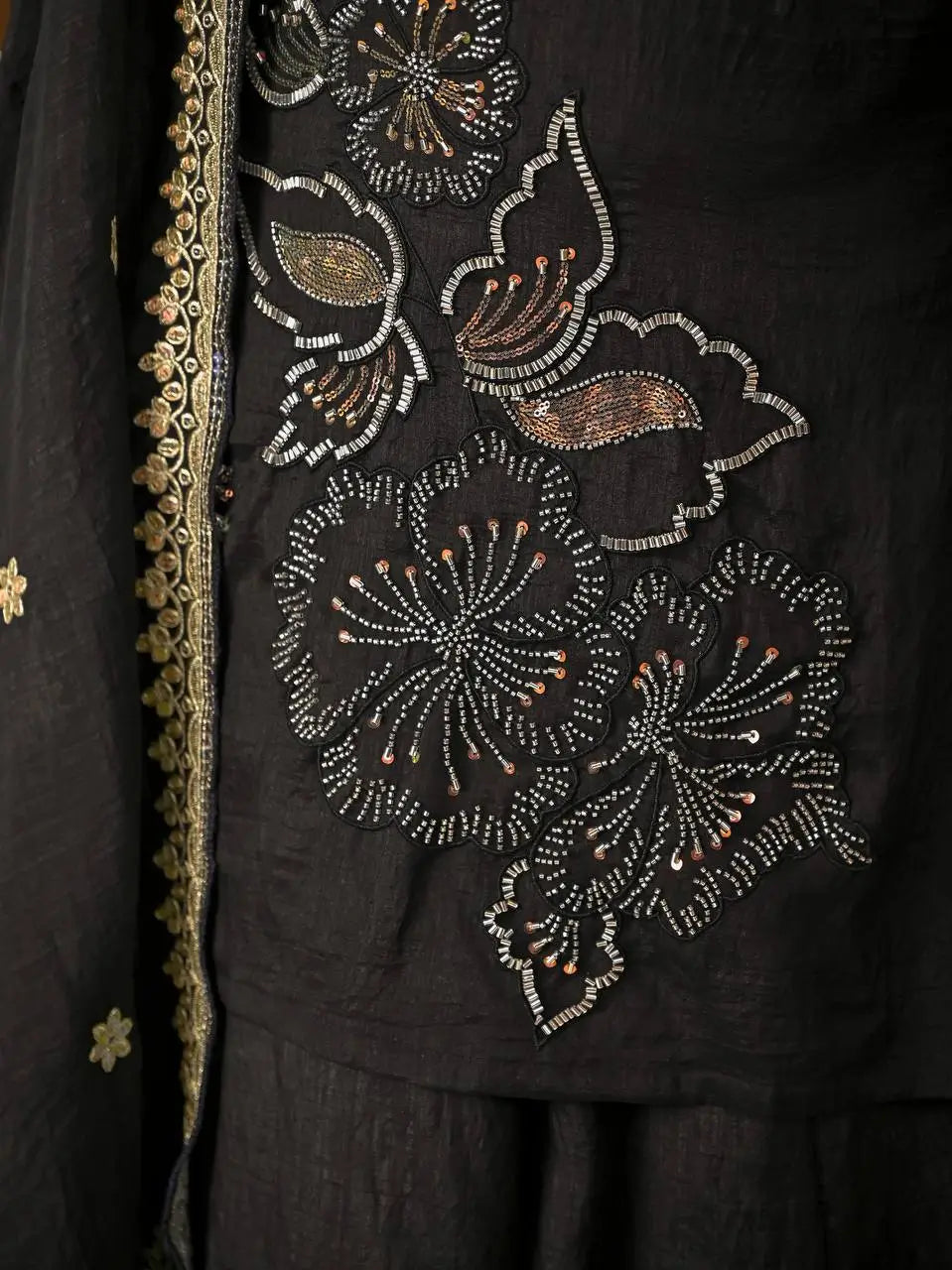 Black Beadwork Sharara Set