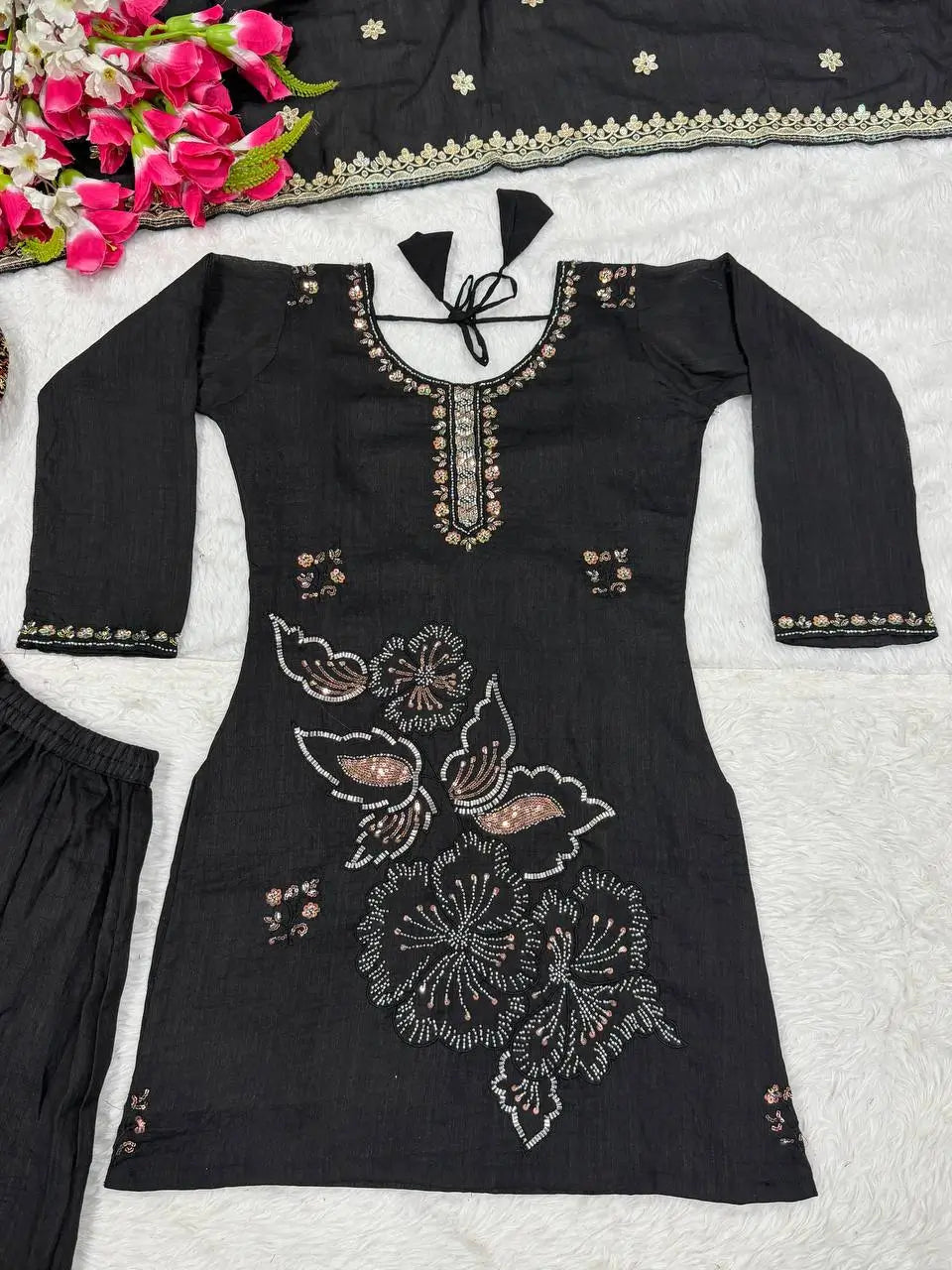 Black Beadwork Sharara Set