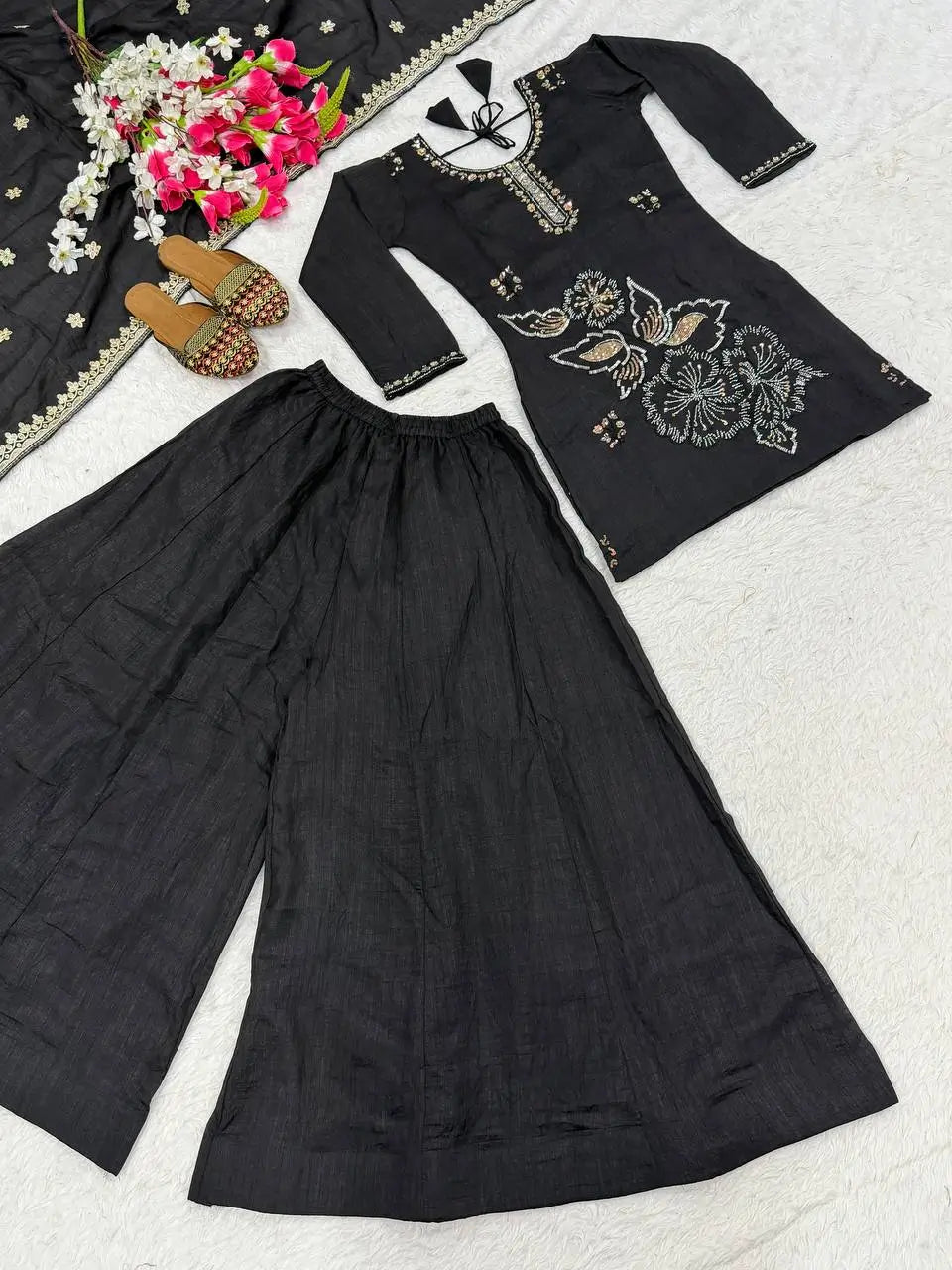 Black Beadwork Sharara Set