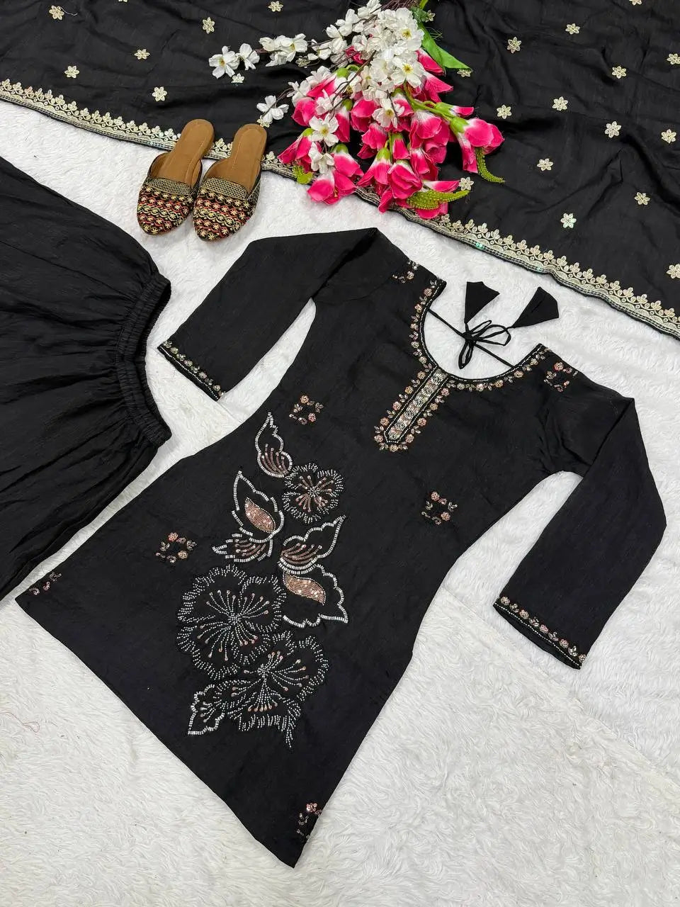 Black Beadwork Sharara Set