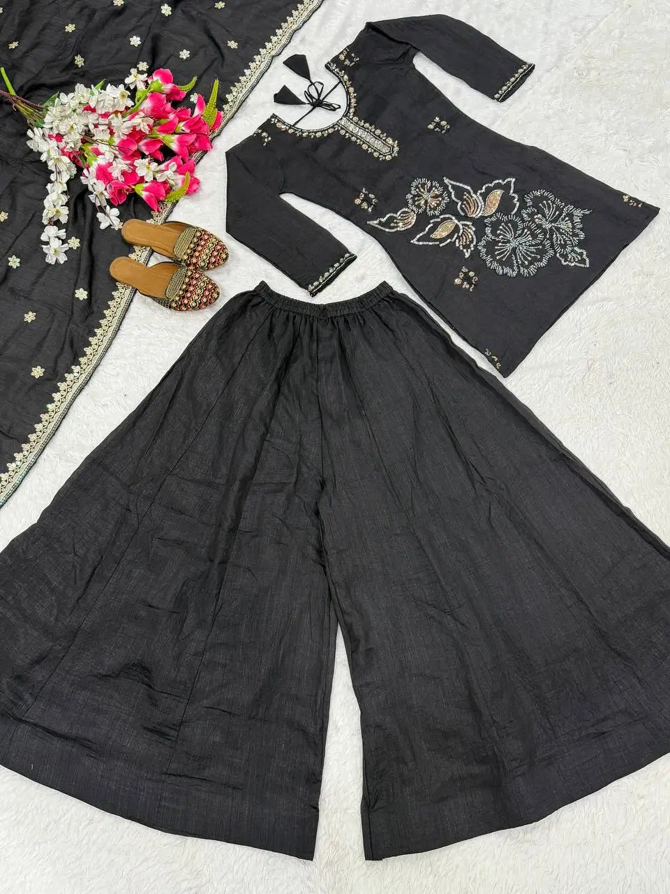 Black Beadwork Sharara Set
