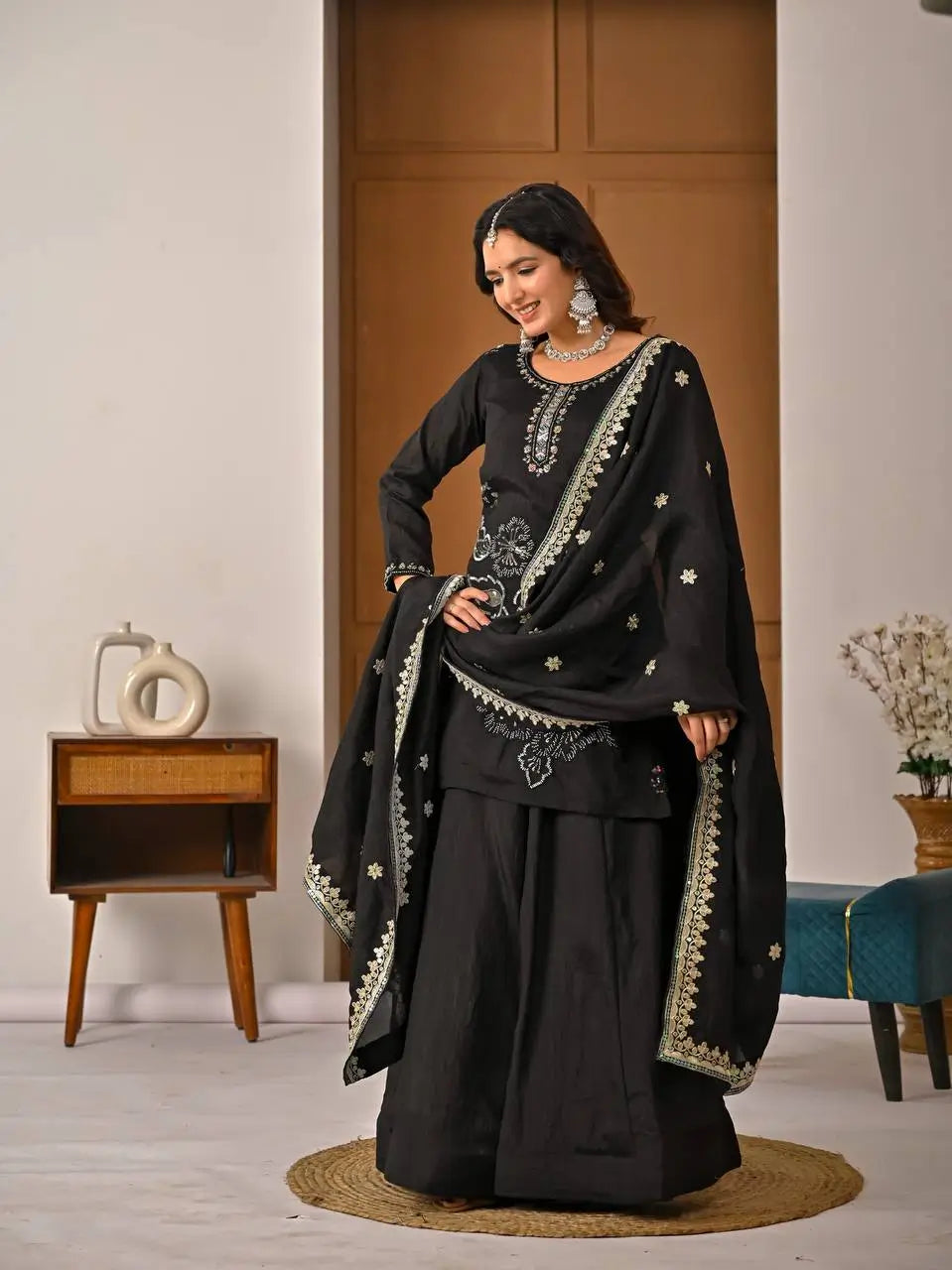 Black Beadwork Sharara Set